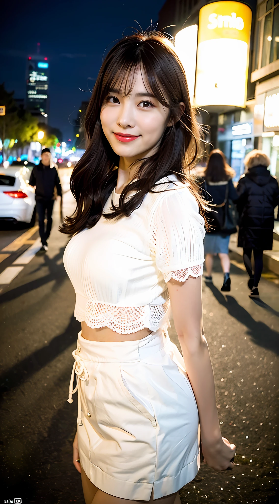 (8k, RAW photo, best quality, masterpiece: 1.2), (realistic, photorealistic photo: 1.37), professional lighting, photon mapping, light energy transfer, low cut, big breasts, ((slightly fat)), korean girl, background walking on city night, lace, long skirt, small white shoes, highly detailed face and skin texture, delicate eyes, double eyelids, whitened skin, long hair, (shut up: 1.3), smile