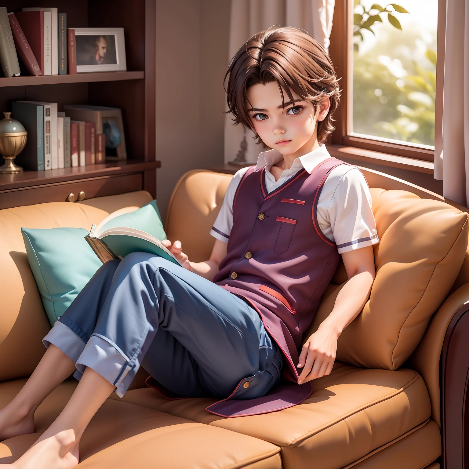 tmasterpiece,Best quality at best,A handsome -yeld boivaciousness,Sit on the sofa and read a book,short- sleeved,bookshelves
