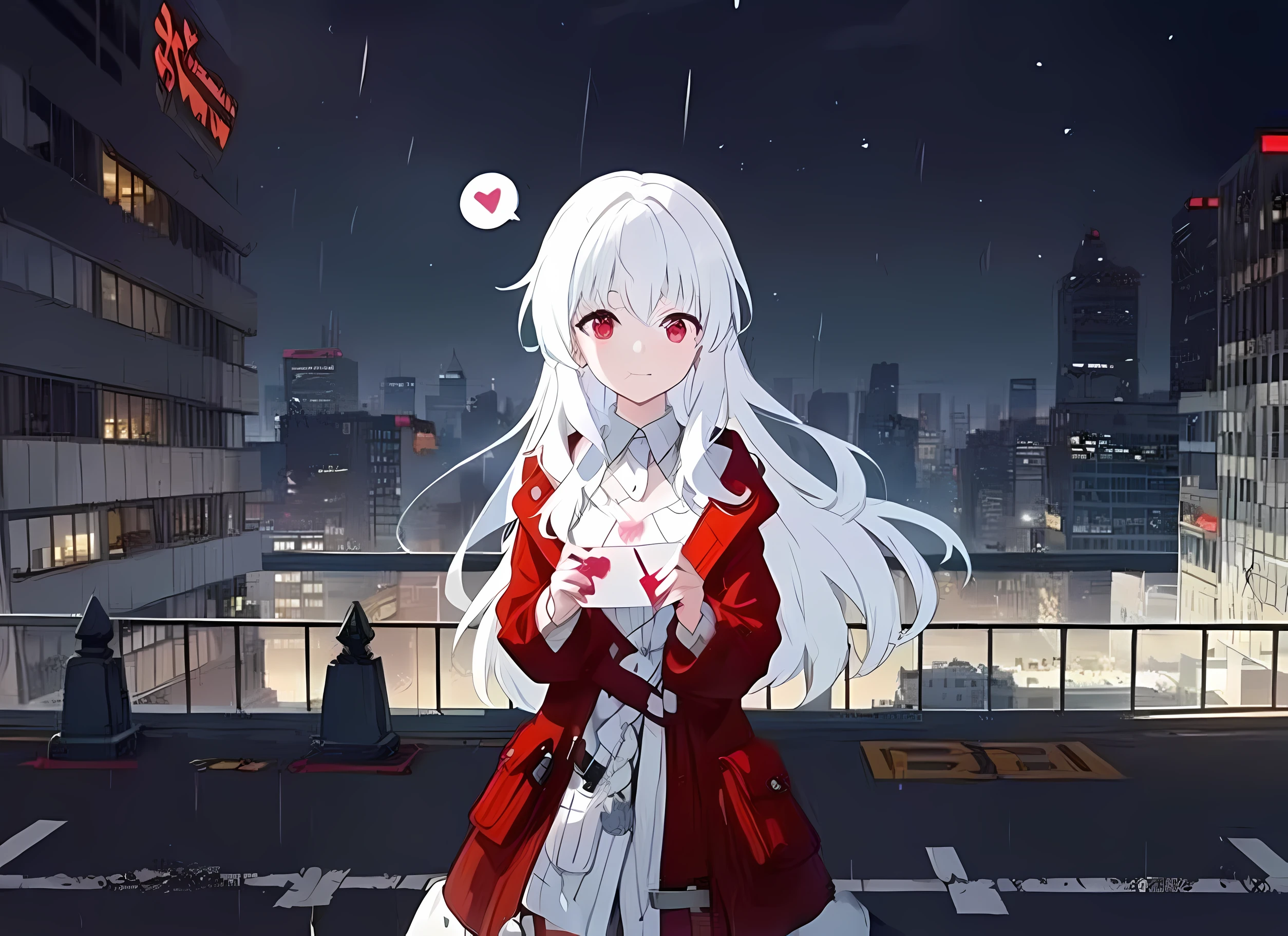 Anime girl standing on street in the rain，Wear an infrared suit，Umbrellas dot the city，anime visual of a cute girl，Anime girl with long hair，An image fixed in the world of anime，up of young anime girl，An anime girl，Best Girl in Anime，girl with perfect white hair，Anime Pictures，Show the anime vision of a young woman