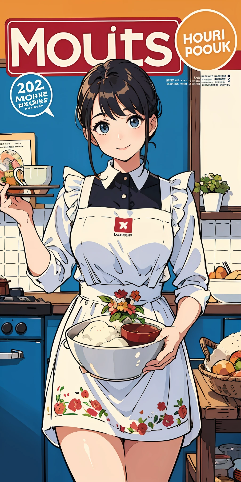 (Best Quality, Masterpiece), Women's Cooking Magazine Cover, 1girl, 20 years old, stunning, cute, warm smile, hourglass figure, floral dress, apron, food, text, chart, advertising, magazine title