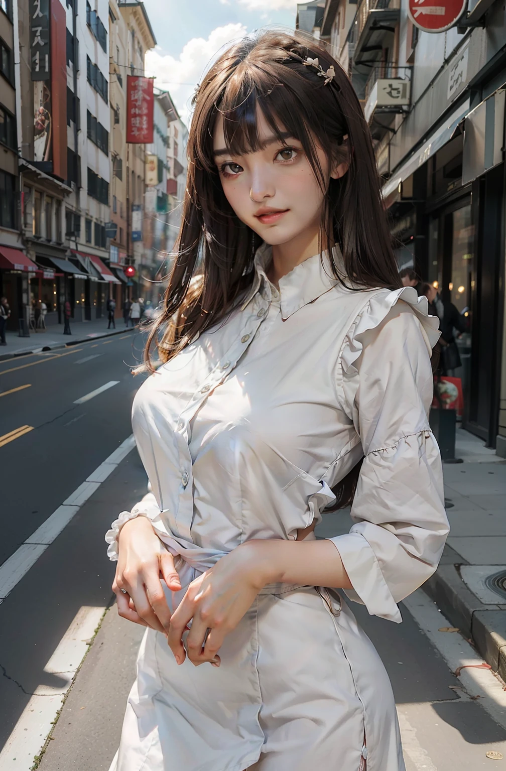 top-quality、​masterpiece、超A high resolution、(Photorealsitic:1.4)、Raw photo、女の子1人、Brown hair with bangs、drooing eyes、thin-waist、Colossal tits、maid clothes、Background in the city、slim figure、Light smile with visible teeth