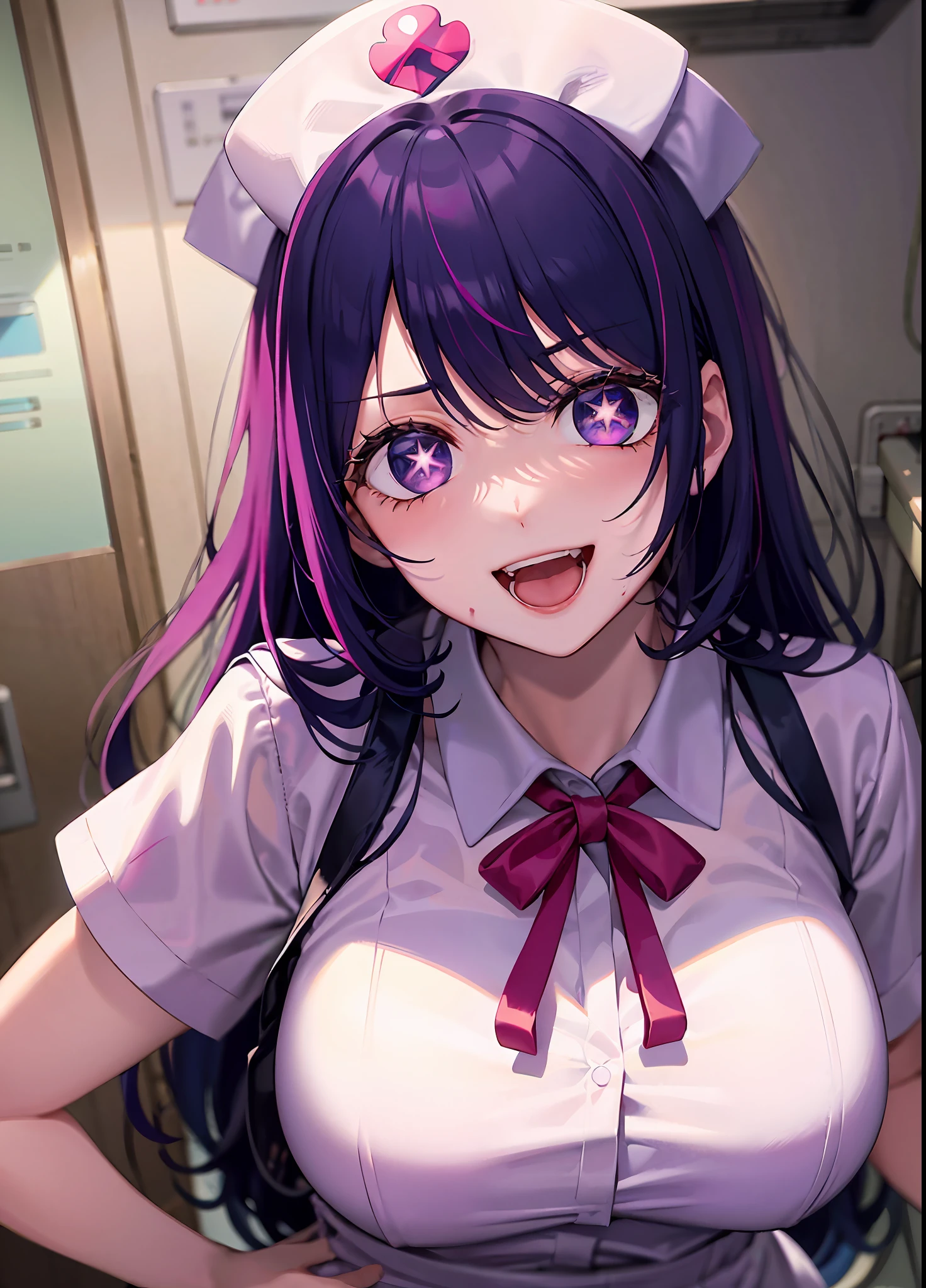 one-girl,nurses((There is a five-pointed star in the eye))Gorgeous Hair in Long Purple,Smile,Open mouth ,nurses,hospitals,White nurse clothes,White nurse hat,looki at viewer,Blood