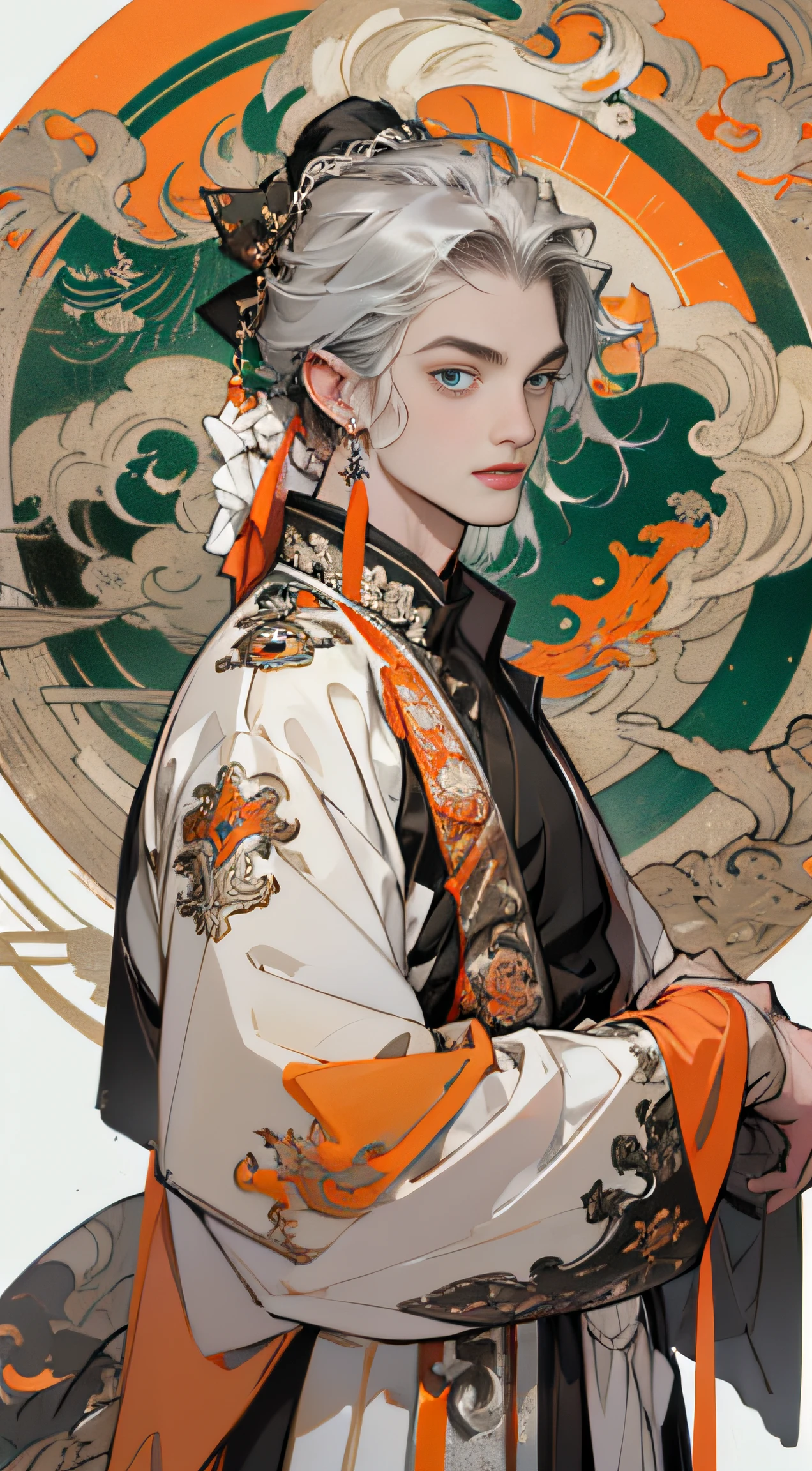 green color:1.5,Orange:1.1,white colors:1.3,amarelo:1.3,（Handsome boy, Long flowing silver hair), Fashionable clothing, Charming eyes，ellegance，Abstract line and circle background，high qulity，Ultra-clear details，tmasterpiece，Works of masters，winning artwork，8K