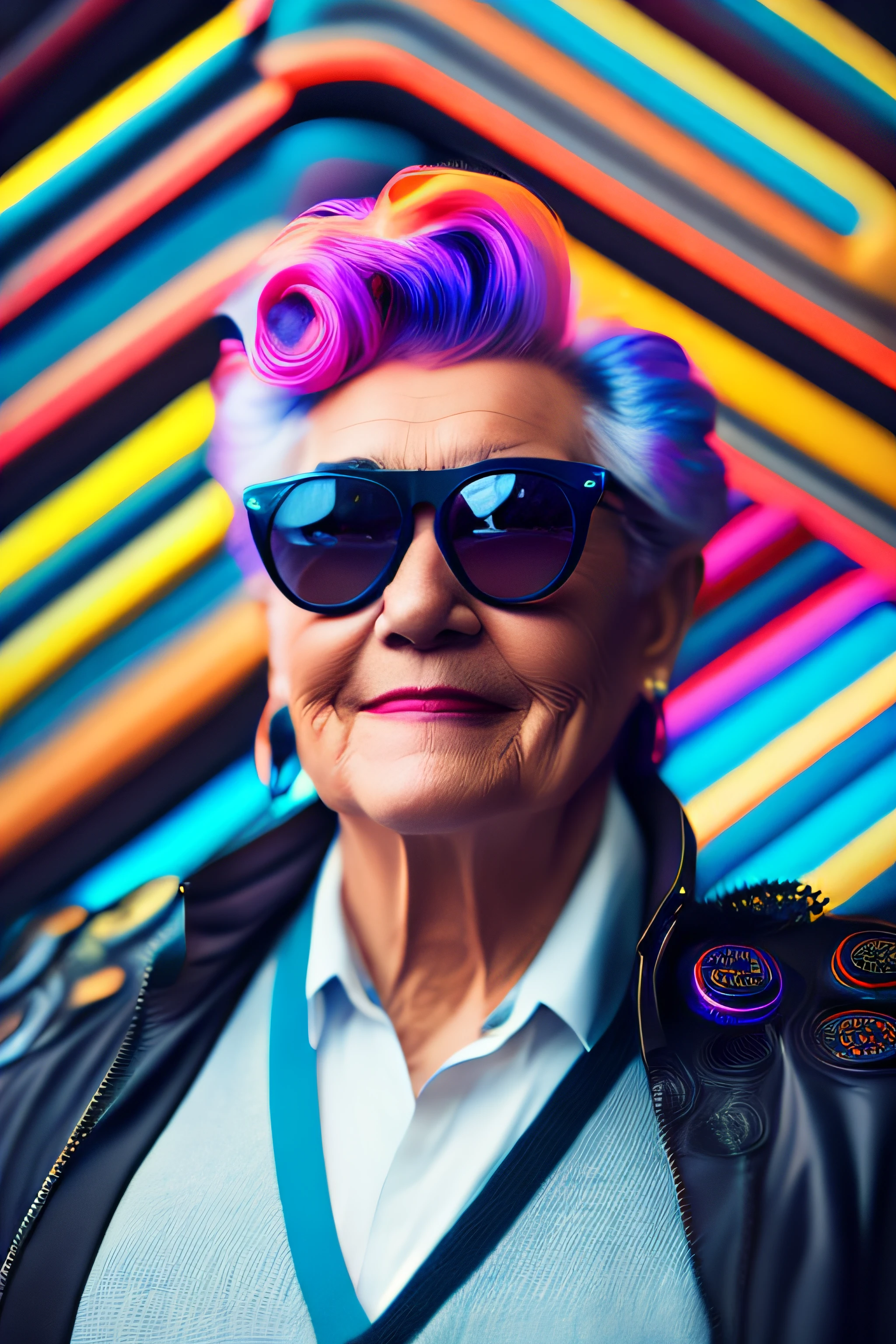 (fashionista portrait middle-aged man of the 1950s with intricate colorful modern bright colored glasses), c0lorful cute hair, smiling expression, (extremely detailed digital photography: 1.2), standing in the middle of the city, ((((full body)))), raw image,, Hasselblad, 50asa, f8, 12mm, glow effects, godrays, hand drawn, render, 8k, octane render, cinema 4d, blender, dark, atmospheric 4k ultra detailed,  sensual cinematic, sharp focus, humorous illustration, great depth of field, masterpiece, colors, 3d octane rendering, 4k, concept art, trend in artstation, hyperrealistic, vivid colors, rim light, extremely detailed CG 8k wallpaper unit, trend in ArtStation, trend in CGSociety, Pop Art style by Yayoi Kusama, Intricate, High Detail, dramatic
, pure energy, light particles, sci-fi