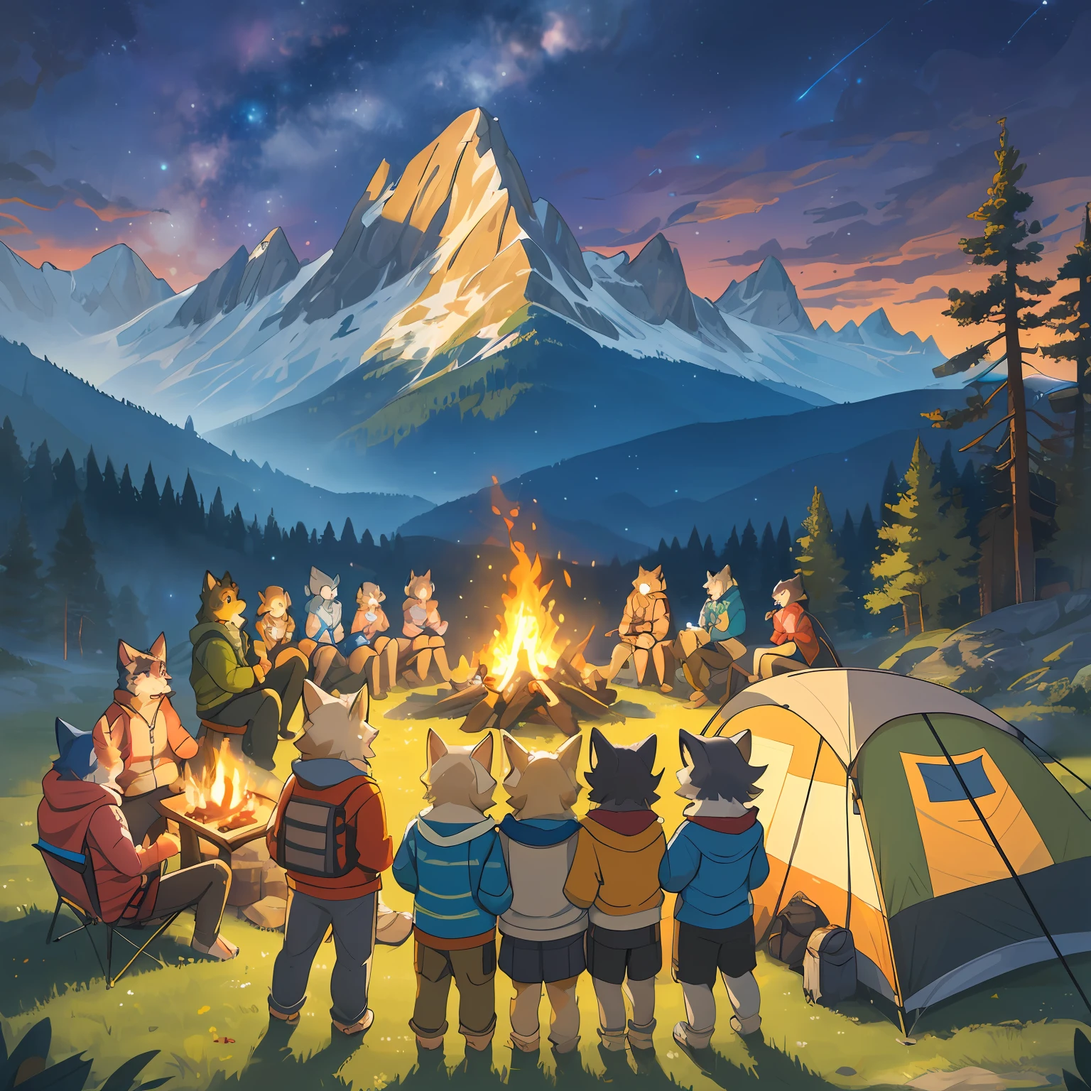 top quality, best quality, High-quality illustrations, masterpiece, super high resolution, detailed background, detailed background, Campsite in the mountains, group shot, 6+boys, 6+girls, camp-fire, night sky, absurdres(highly detailed beautiful face and eyes)perfect anatomy(Photo of family trip)(kemono, furry anthro)selfie,