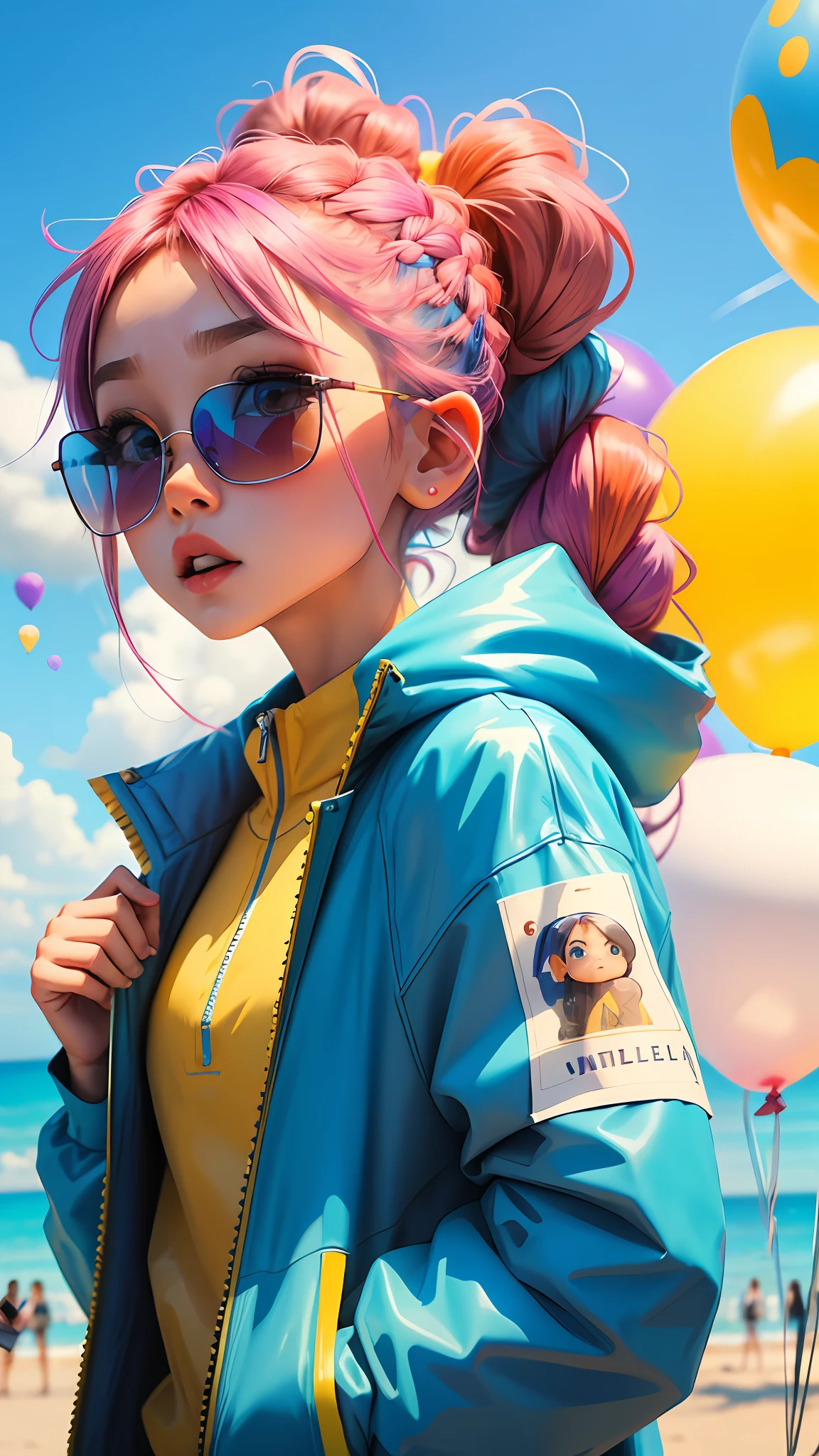 Loli girl, beautiful and cute, wearing blue sunglasses, yellow jacket, white sweatshirt, lots of colorful balloons, baby face, chibi style, red and blue two-color hair, ponytail braided hair, perfect detail eyes, delicate face, perfect CG, HD picture quality, colorful balloons, sky,