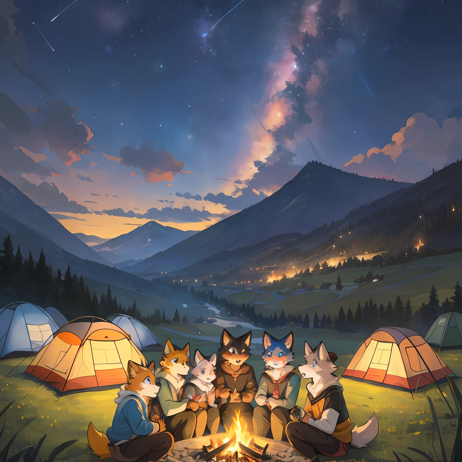 top quality, best quality, High-quality illustrations, masterpiece, super high resolution, detailed background, detailed background, Campsite in the mountains, group shot, 6+boys, 6+girls, camp-fire, night sky, absurdres(highly detailed beautiful face and eyes)perfect anatomy(Photo of family trip)(kemono, furry anthro)selfie,