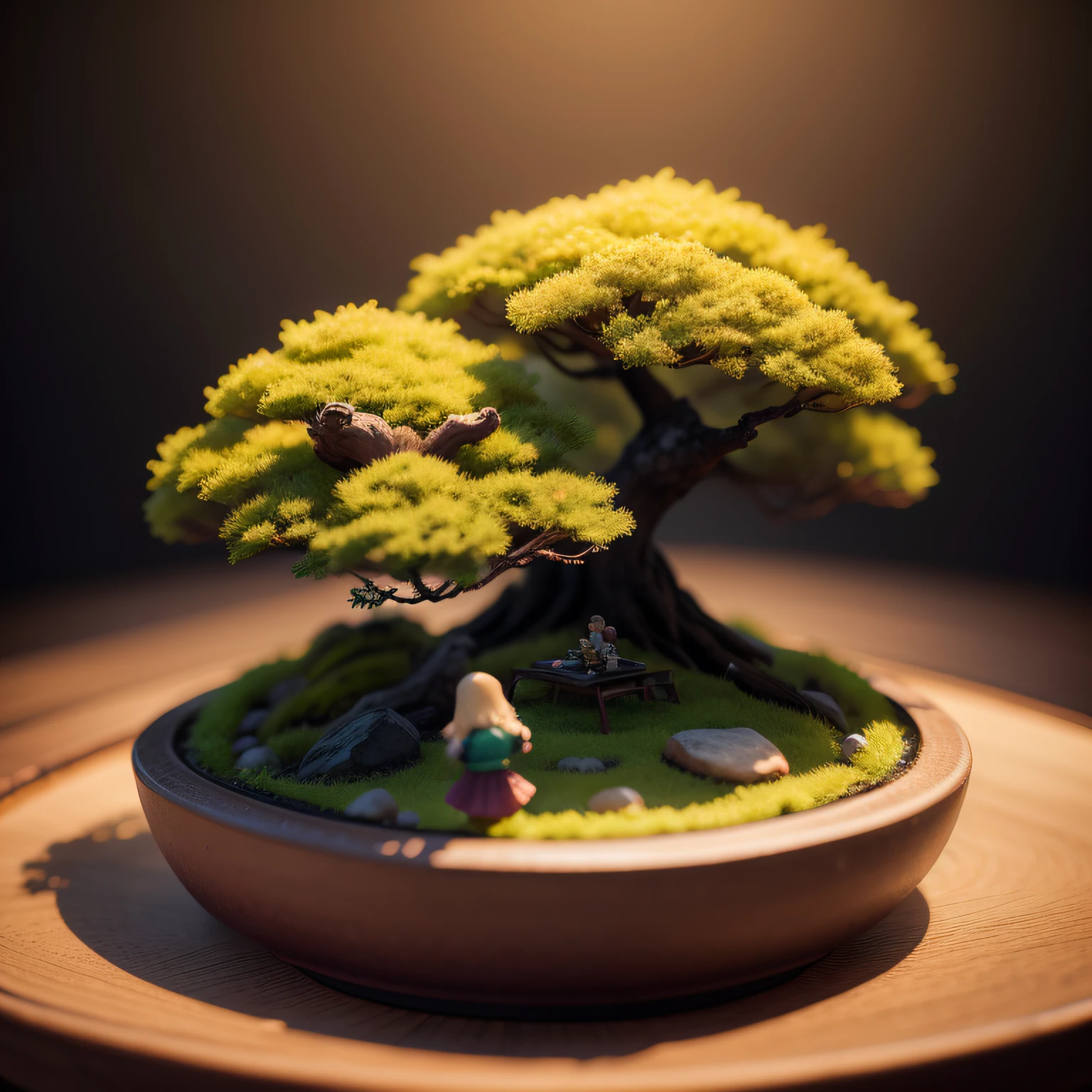 Miniature Bonsai landscape with dolls on top of Realistic, Photography, Studio lighting, shot by Phase One camera, HDR clarity detail, Hyperfocal length, 8K, Ultra Realistic