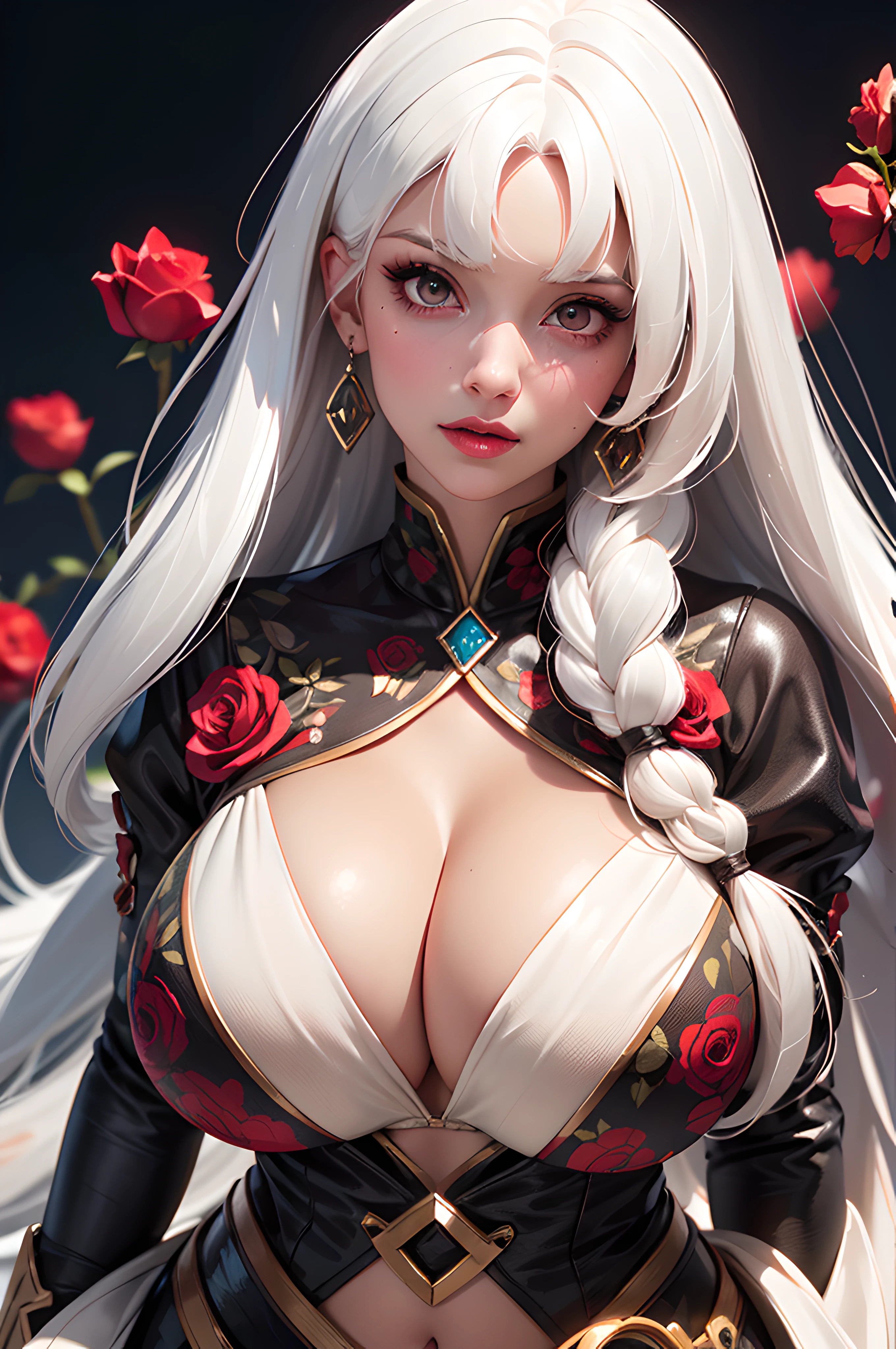 (photorealistic:1.4), slim waist,(gigantic breasts:1.5),looking at veiwer,(1 girl:1.5), (masterpiece, best quality, ultra detailed), ultra realistic, best illumination, best shadow, an extremely delicate and beautiful), shiny eyes, big beautiful eyes, detailed face, (((hyper detailed face))), small pointy nose, full pouty lips, (makeup), red eyes, detailed eyeshadow, lip gloss, (long hair:1.5), (((whitehair:1.5)))(red multicolored, braided streaks),alien vampire, (curvy body:1.4), art by beetlebomb, trending on CGSociety, (shiny skin:1.1), fair skin,((tall body)),((adult woman)), (solo:1.5),(cowboy soht:1), (cinematic lighting:1.1), opulent background, cherry crop top, mini skirt, cherries, roses, intricate details, fantastical, tetradic white and red colors, Cinematic lighting