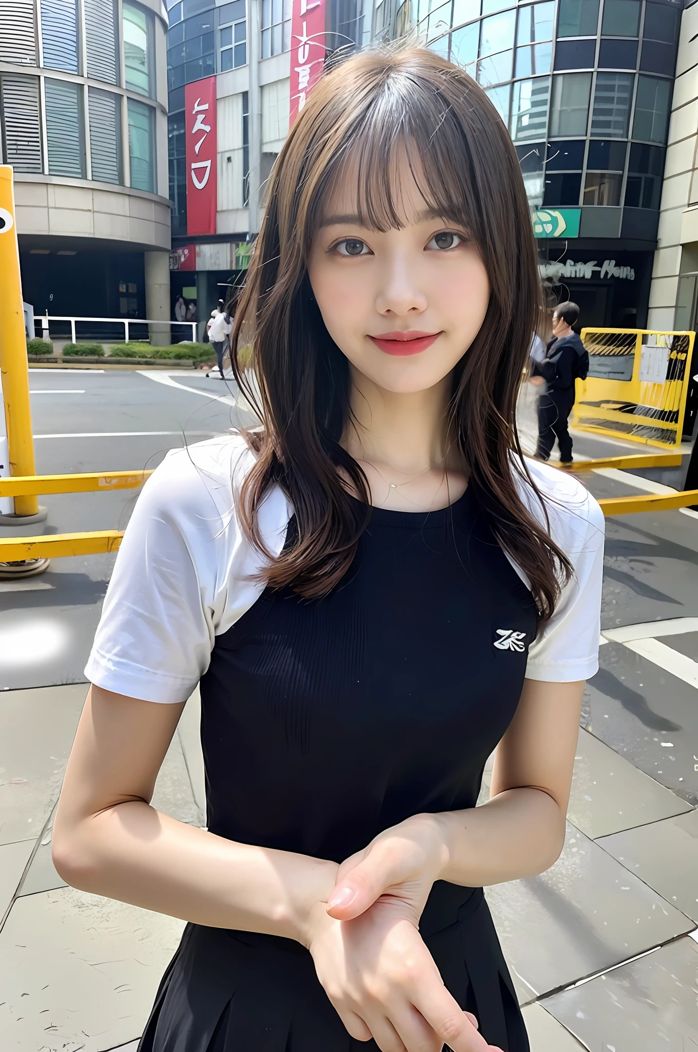 Ultra top quality, masterpiece, ultra high resolution, (photorealistic: 1.4), highly detailed CG Unity 8k wallpaper, detailed and complex, original, high resolution, raw photo, (perfect body shape), fine and complex, DSLR, soft lighting, high quality, film grain, depth of field, FUJIFILM XT3, 50mm lens, backlight, HDR, hyperreal, color grade, dynamic pose, portrait, Japan person, smile, lips, bangs, (crowded akihabara: 1.2), front view viewer, natural light, girl, 20 years old, full body, solo, student, high school, uniform, sailor color, bobby socks, pleated skirt, daytime, on the street, deep shadow, cute, beauty, discreet, cold light 12000K\\ street, store status, Akihabara, Shinjuku, Shibuya, Ikebukuro, detailed realistic, detail, skin texture, ultra detailed, realistic skin texture, (dramatic, award-winning photos, incredible masterpieces: 1.3)