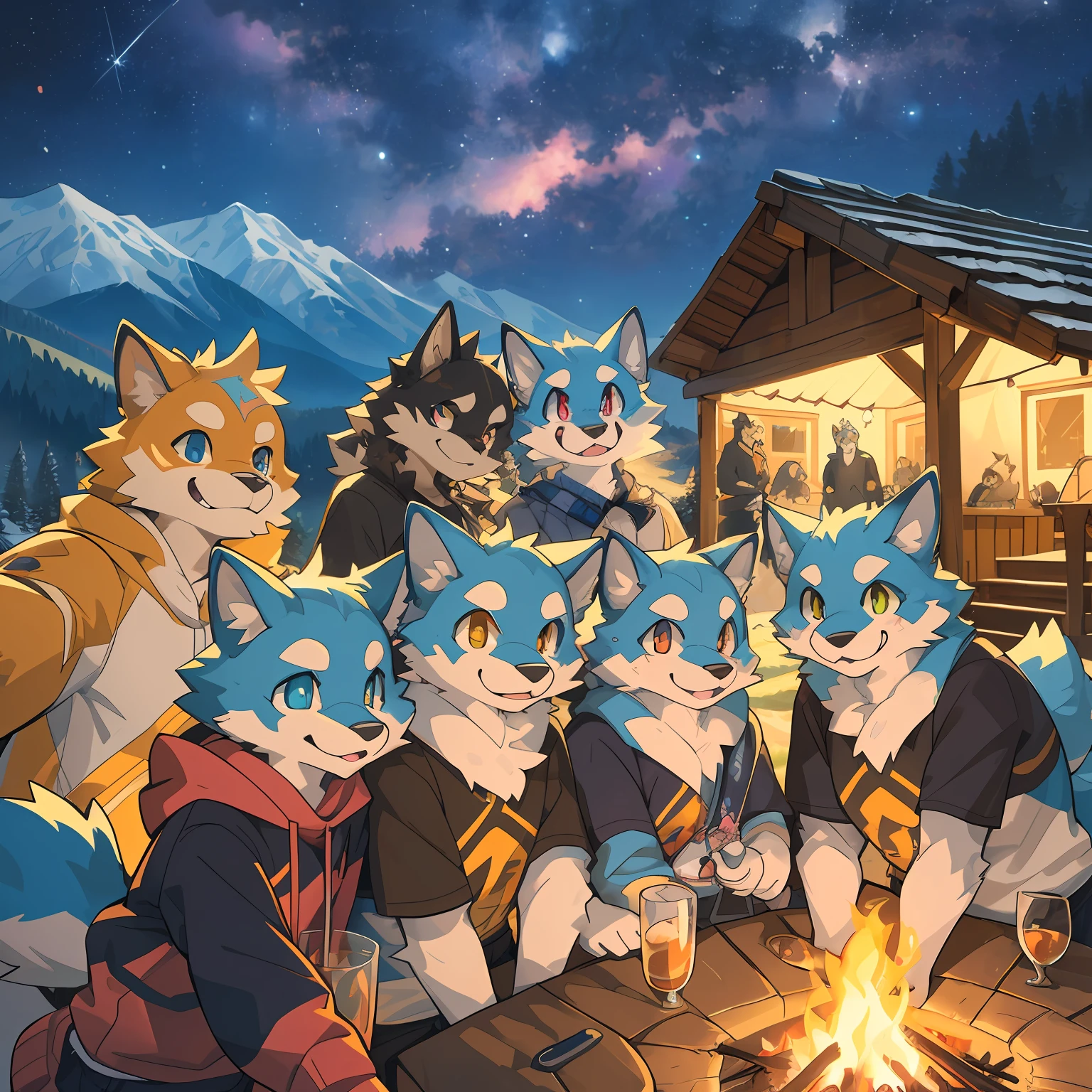 top quality, best quality, High-quality illustrations, masterpiece, super high resolution, detailed background, detailed background, Campsite in the mountains, group shot, 6+boys, 6+girls, camp-fire, night sky, absurdres(highly detailed beautiful face and eyes)perfect anatomy(Photo of family trip)(kemono, furry anthro)selfie,
