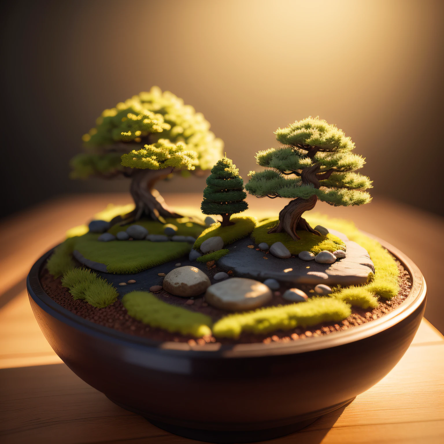 Miniature Bonsai landscape with dolls on top of Realistic, Photography, Studio lighting, shot by Phase One camera, HDR clarity detail, Hyperfocal length, 8K, Ultra Realistic