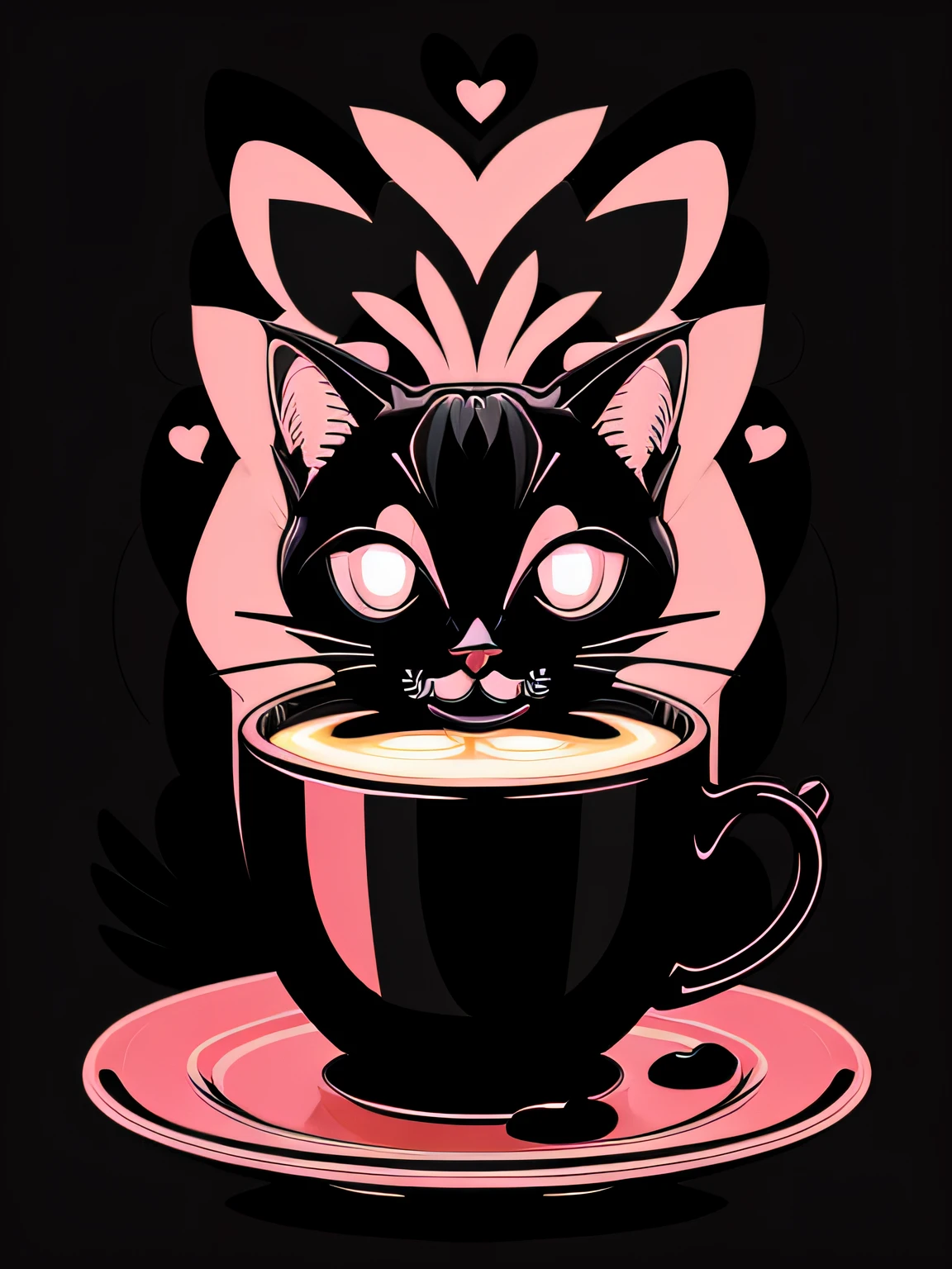Vector-art cartoon-style of a (cute cat sipping from a cup of coffee: 1.3). Give the cat big round expressive eyes and a smirking smile to convey its delight. The cup can have a friendly and approachable design, with decorative elements like hearts or coffee beans. Add subtle shading and highlights to give the illustration depth and dimension. Use a dark color palette to evoke the cozy feeling of enjoying a cup of coffee, isolated, black background, in the style of 0mib