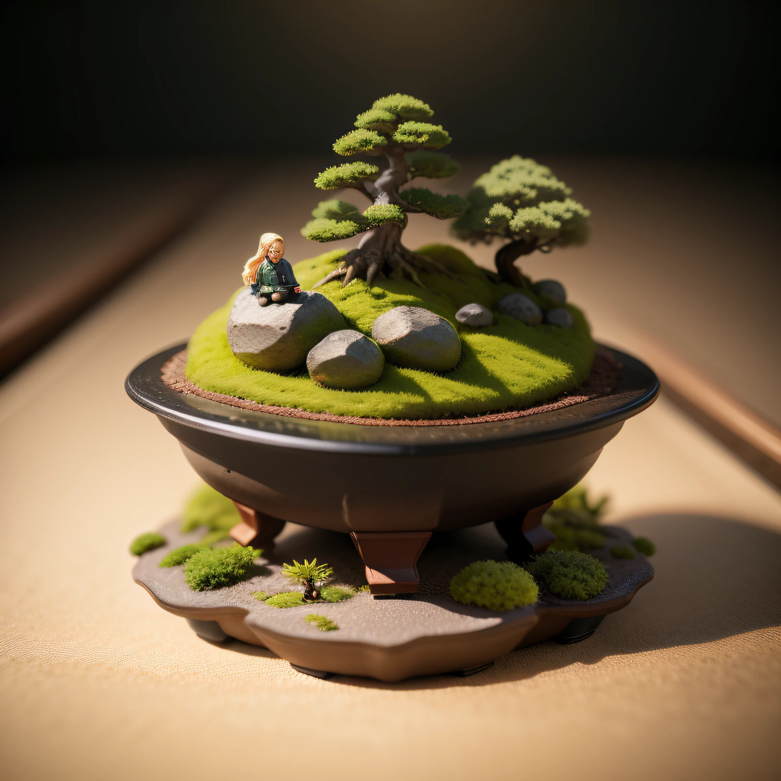 Miniature Bonsai landscape with dolls on top of Realistic, Photography, Studio lighting, shot by Phase One camera, HDR clarity detail, Hyperfocal length, 8K, Ultra Realistic