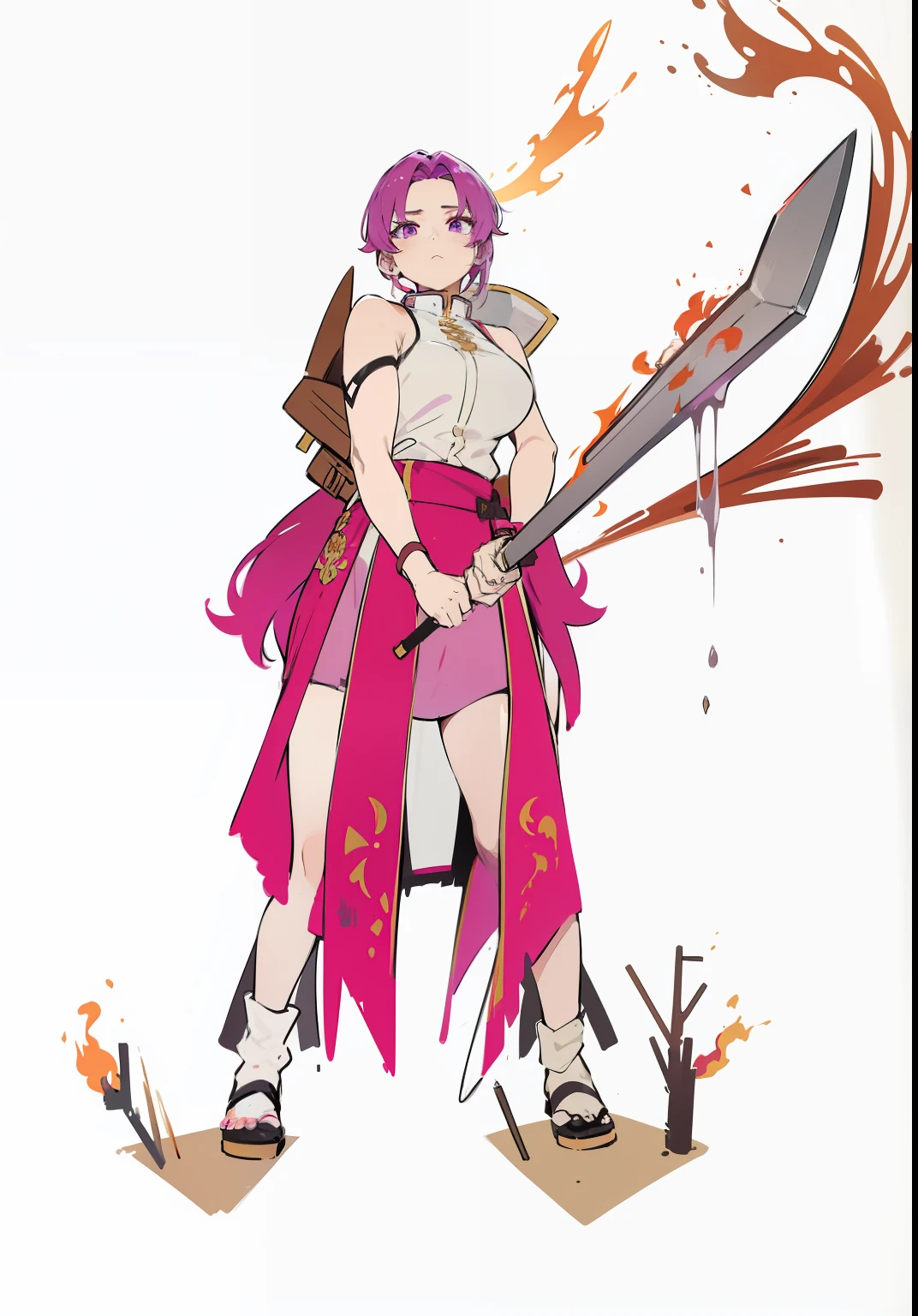 In the flames, a purple-haired female warrior with burning eyes was holding a broken sword,Broken,Spewed flames。