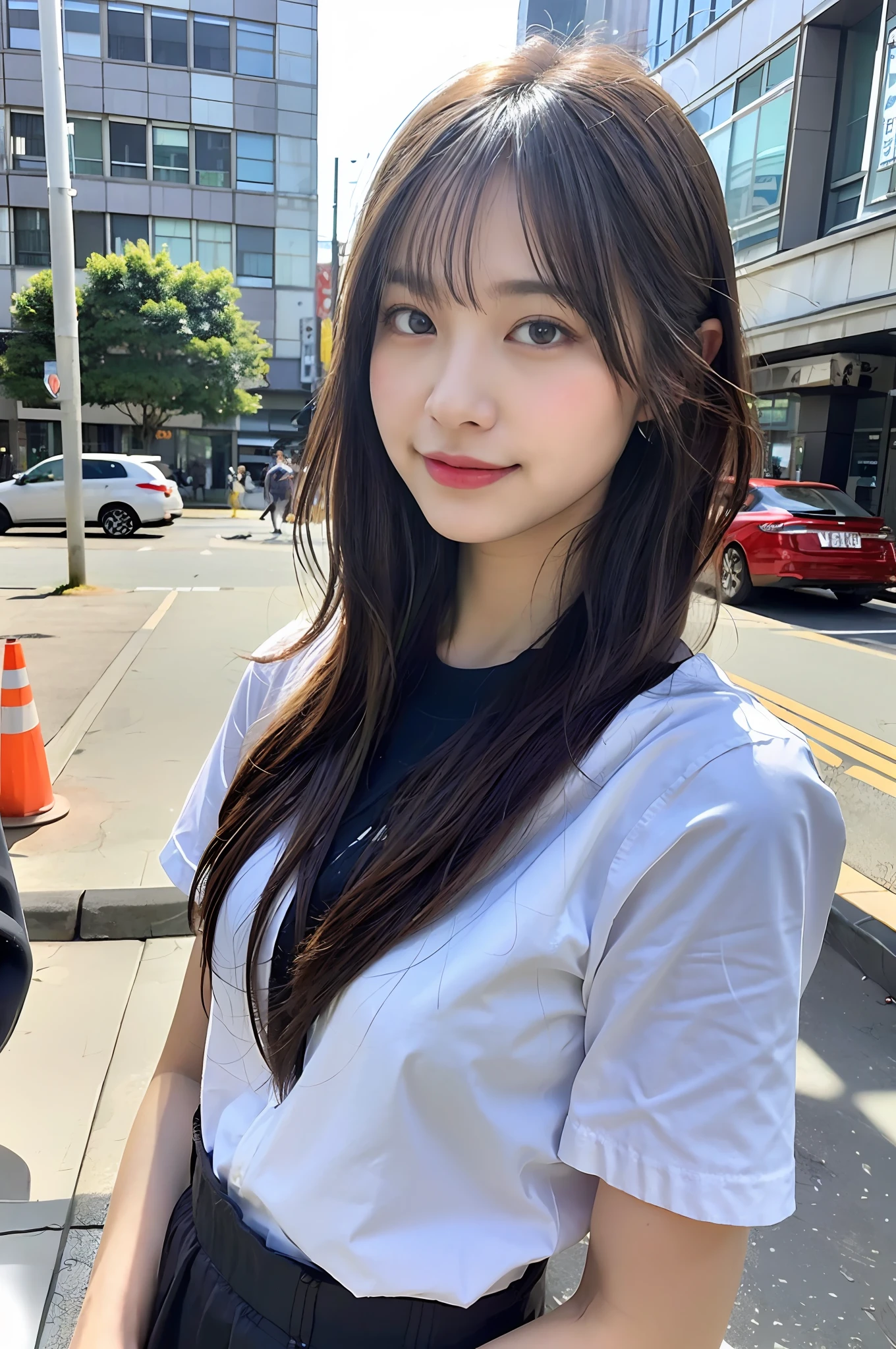 Ultra top quality, masterpiece, ultra high resolution, (photorealistic: 1.4), highly detailed CG Unity 8k wallpaper, detailed and complex, original, high resolution, raw photo, (perfect body shape), fine and complex, DSLR, soft lighting, high quality, film grain, depth of field, FUJIFILM XT3, 50mm lens, backlight, HDR, hyperreal, color grade, dynamic pose, portrait, Japan person, smile, lips, bangs, (crowded akihabara: 1.2), front view viewer, natural light, girl, 20 years old, full body, solo, student, high school, uniform, sailor color, bobby socks, pleated skirt, daytime, on the street, deep shadow, cute, beauty, discreet, cold light 12000K\\ street, store status, Akihabara, Shinjuku, Shibuya, Ikebukuro, detailed realistic, detail, skin texture, ultra detailed, realistic skin texture, (dramatic, award-winning photos, incredible masterpieces: 1.3)