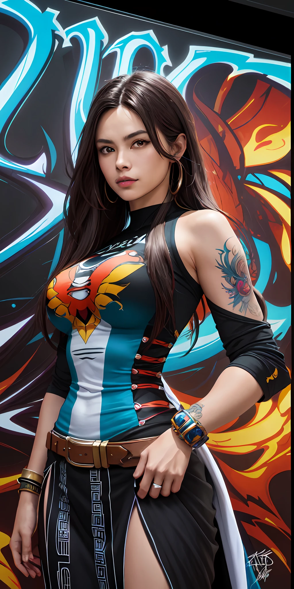 ::Jason Fabock and Joe Madurella ::2.0 comix illustration style, tatoon style , Comic book style, Camila Bernal beautiful woman with super detailed long hair, mixed-language_Texting, Japanese letters in graffit, fantastic paintings, in graffiti style; florals, highly detailed eye, t-shirt or dress,There is a white shirt underneath, There is a location, and cuff bracelets, with long hair in takes, High-density imaging review with color gradients, vibration, fantastic paintings by joe madureira ,high high quality, best qualityer, high high quality, extremely detailed CG unit8k wallpaper, hdr, trending on artstationh, Trends in CG society, High detail,