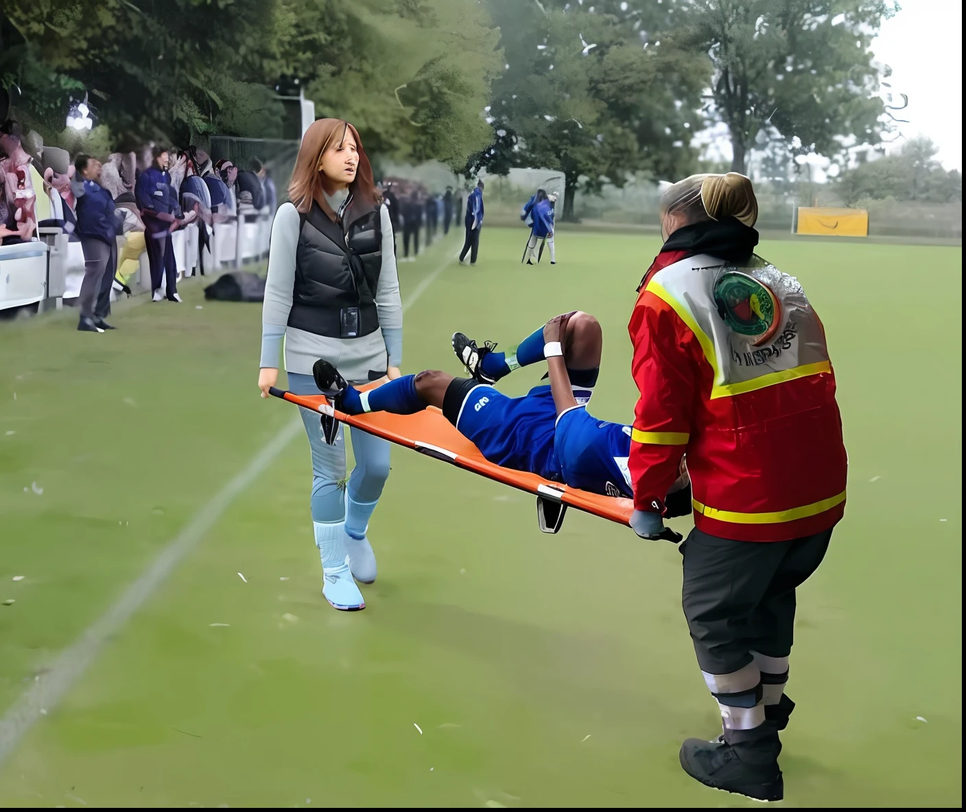 a soccer scene in a sports stadium, cool and wet weather conditions, humide ground, rainy sky, injury scene in a sports stadium, stretcher carry, there are four female medics carrying a stretcher, there are four female medics in very shiny coats who are carrying a stretcher in a sports stadium, there is a wounded male soccer player in a matte short cotton sports outfit lying on the stretcher, an injured male soccer player in matte cotton sportswear is lying in pain on a stretcher, a soccer player in matte cotton sports clothes is rearing up in intense pain while lying on a stretcher, dramatic scene, theatralic posing scene, dramatic pity scene, injury soccer, first aid, help, pity, there are four female medics in wetlook high-shine coats who are looking very sad and very terrified and very shocked, the injured soccer player is screaming out in pain while he is carried from the pitch on a stretcher