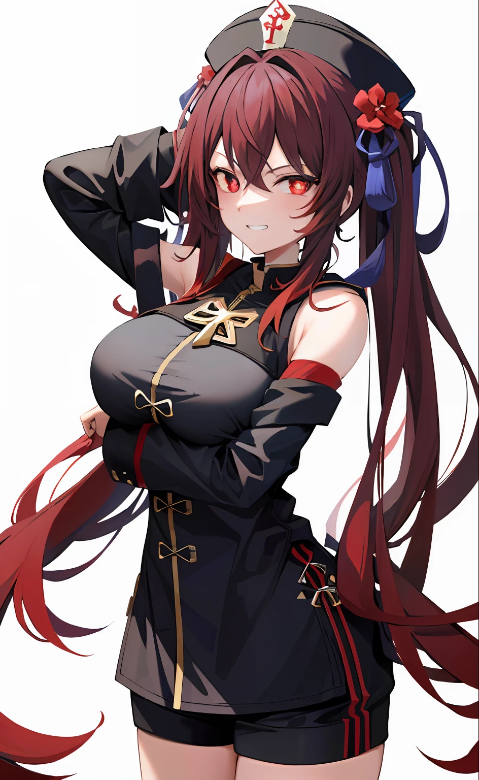 (Masterpiece:1.3), (Best quality), 1girll, Large of breast,huge tit,very detailed red eyes, Very detailed face, Simple white background, A high resolution, absurderes, grin, standing, Very detailed, view the viewer, Cowboy shot, Solo, Vivid colors, hu tao (Genshin Impact), pupils in symbol shapes, Hat, Long brown hair, bangs, double tails, flower shaped pupils, Black coat, coda, Black shorts, Red shirt, arms back behind