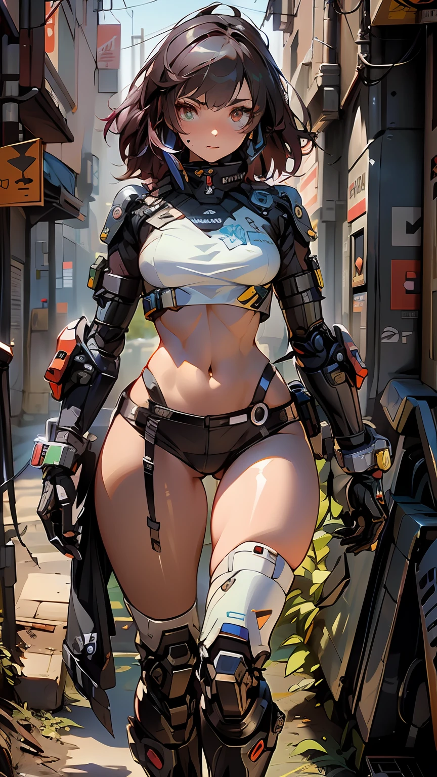 Woman in white underwear and black armor walking down the street, girl in mecha cyber armor, female cyberpunk anime girl, Cute cyborg girl, Cyberpunk 2 0 y. o model girl, cyberpunk angry gorgeous goddess, wearing techwear and armor, Cyborg girl, cyberpunk anime girl mech, wojtek fus, cyborg merchant girl, japanese cyborg