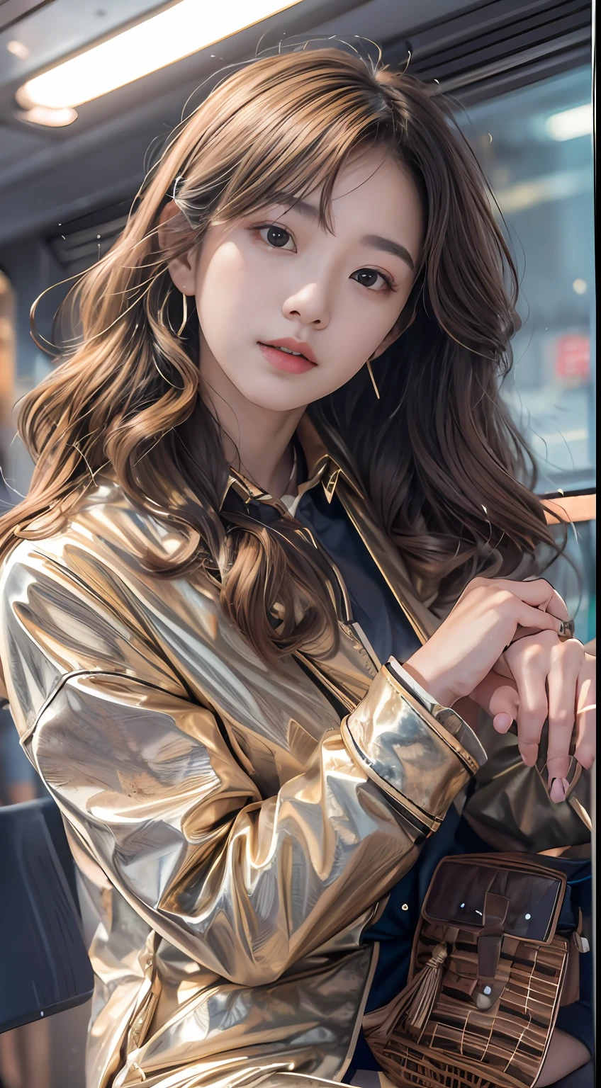 (tmasterpiece,k hd,hyper HD,4K)brunette color hair, Japanese girl,Uniform skirts,Emphasize the lips,Big white mouth,Soft lips,Glossy lips,The girl has fair and tender skin,Soft hair like slippery silk,Sparkling,Almost reluctant to look away。But you know,She wears a sun dress!Imagine that,She just wore a nightdress to go shopping in the bustling Sanlitun,One can't help but want to take a closer look。Take a closer look, desi,Her nightdress is quite fashionable,The skirt flutters in the wind,It's like adding a touch of energy to the whole street,Sit on a crocodile skin train,Face-to-face perspective,(From the angle below),Sit in a train crocodile leather seat,sitting in front,Lip zoom camera,head portrait,Head down and sleepy-eyed,looking at the viewer only", best qualtiy, hyper HD, (realisticlying:1.4),, A high resolution, the detail, RAW photogr, Sharp Re, Nikon D850 Film Stock Photo by Jefferies Lee 4 Kodak Portra 400 Camera F1.6 shots, Rich colors, ultra-realistic vivid textures, Dramatic lighting, Unreal Engine Art Station Trend, cinestir 800,
