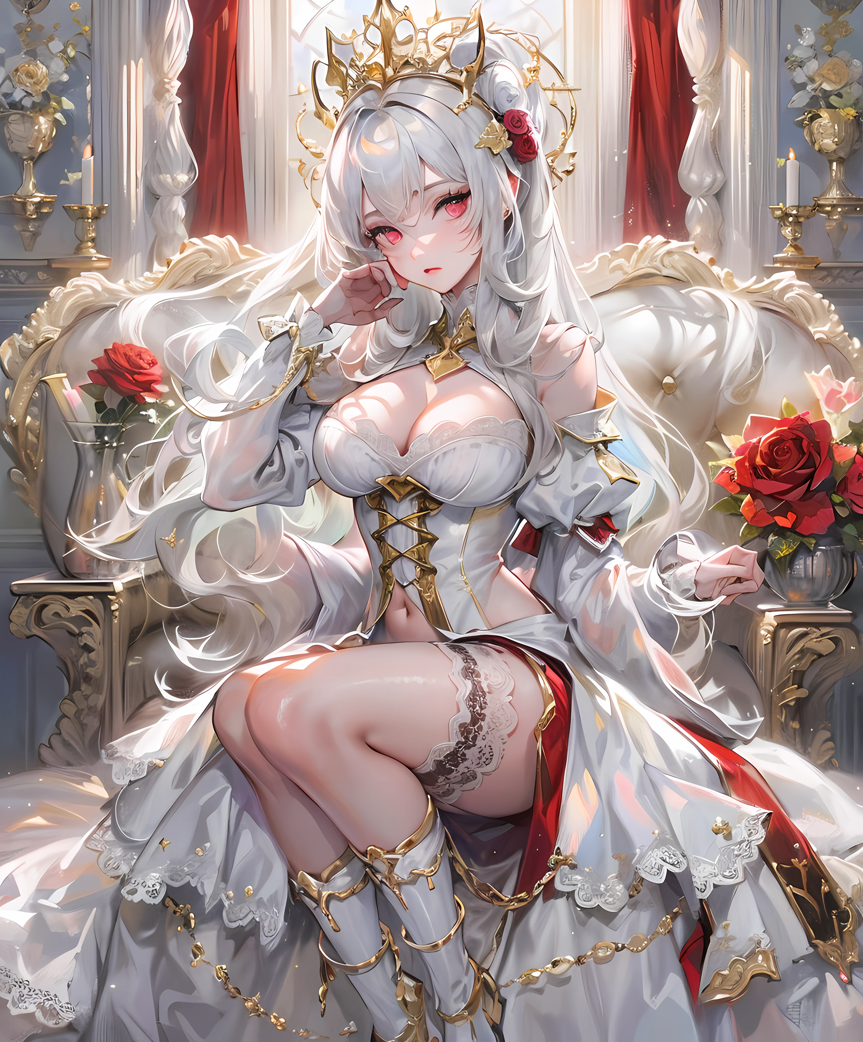 masterpiece, best quality, 8k, high resolution, 1girl, (solo), perfect composition, the rule of thirds, High Quality Textures, detailed lace babydoll, white stockings, (lace collar with rose tag), cleavage, original character artwork, solo focus, (vampire Princess), queen mentality, obedient, extremely long voluminous white hair in ponytail, thin waist, wide hips, beautiful red detailed eyes, opulent Rococo style room background, roses, light particles, red,gold tetradic colors, volumetric lighting, dramatic lighting, indoors, (white,gold,blue gradient:1.5), realistic, ultra-detailed, intricate details