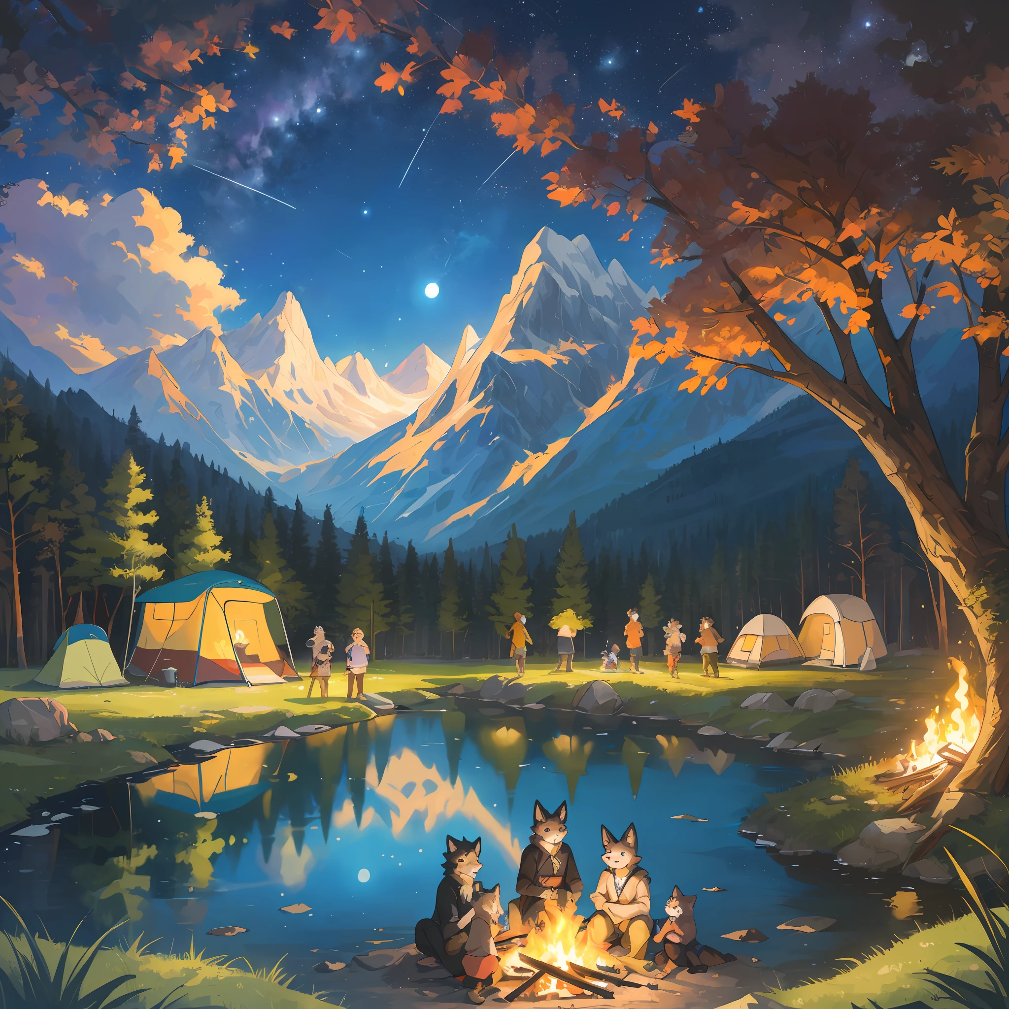 top quality, best quality, High-quality illustrations, masterpiece, super high resolution, detailed background, detailed background, Campsite in the mountains, group shot, 6+boys, 6+girls, camp-fire, night sky, absurdres(highly detailed beautiful face and eyes)perfect anatomy(Photo of family trip)(kemono, furry anthro)selfie,