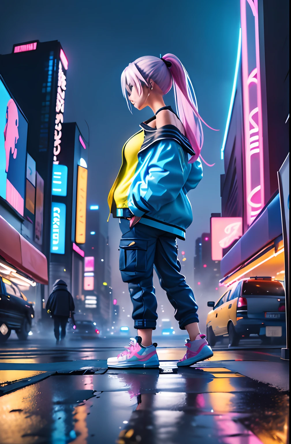 (masterpiece, 4k ,ultra detailed:1.2),(anime:1.2),illustration,(realistic:1),(photorealistic:1),
(solo:1.2),
(from side:1.2),(sad:1.4),
(panorama,perspective:1.4),(fisheye:1.2),
(landscape,outdoor,cityscape,night,midnight,rooftop,cyberpunk,asphalt,rain,graffiti art,reflection,shop,kiosk,sidewalk,avenue,police,taxi,bench:1.2),(skyscraper,fog:1.4),
(pedestrian,crowd,people:1.3),
(neon sign,blue neon,pink neon,yellow neon:1.4),
(off-shoulder neon trench coat,t-shirt,cargo pants,sneaker:1.3),
(platinum white hair,ponytail:1.2),(supermodel:1.4),(various hair color),