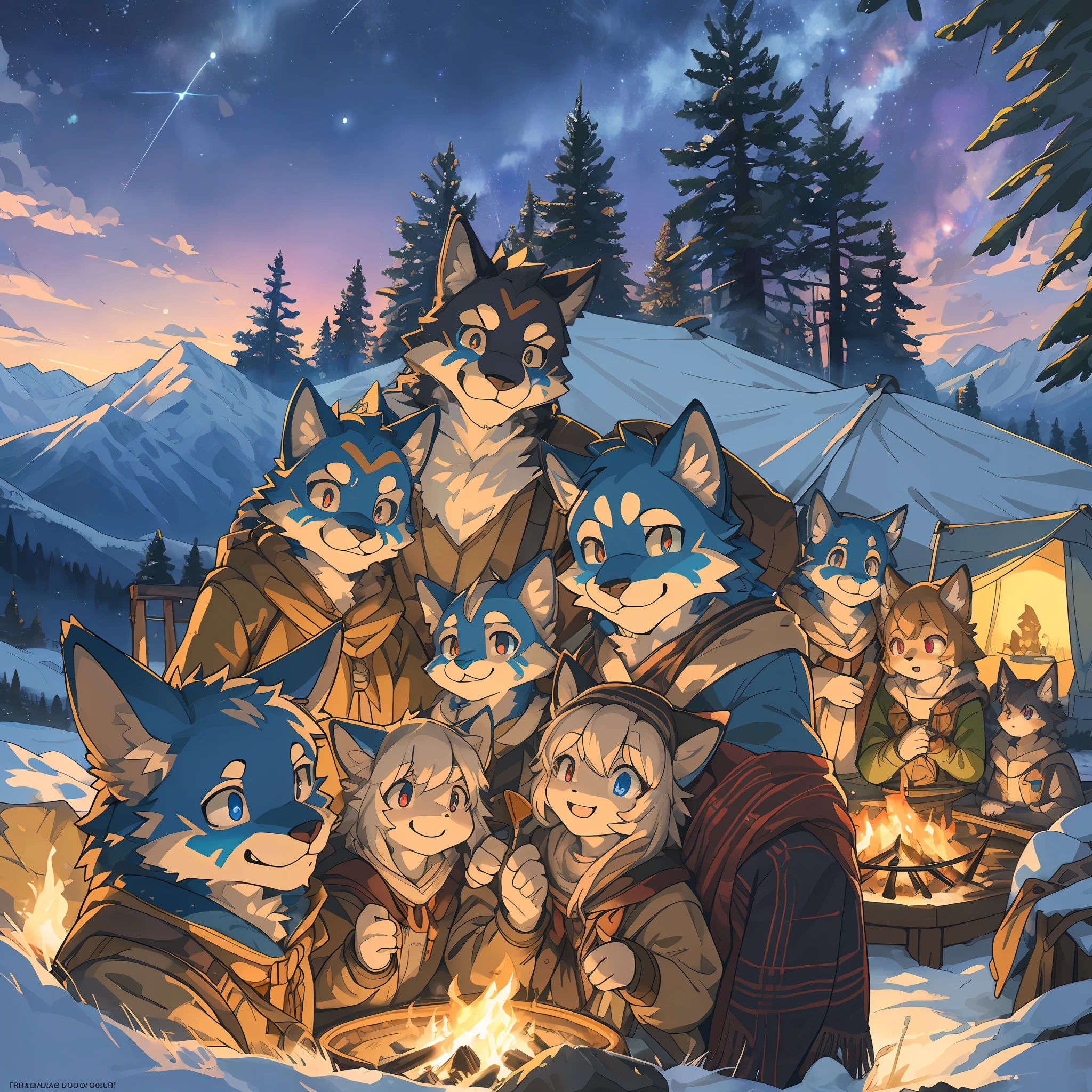 top quality, best quality, High-quality illustrations, masterpiece, super high resolution, detailed background, detailed background, Campsite in the mountains, group shot, 6+boys, 6+girls, camp-fire, night sky, absurdres(highly detailed beautiful face and eyes)perfect anatomy(Photo of family trip)(kemono, furry anthro)selfie,