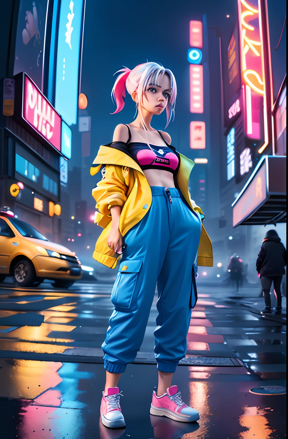(masterpiece, 4k ,ultra detailed:1.2),(anime:1.2),illustration,(realistic:1),(photorealistic:1),
(solo:1.2),
(from side:1.2),(sad:1.4),
(panorama,perspective:1.4),(fisheye:1.2),
(landscape,outdoor,cityscape,night,midnight,rooftop,cyberpunk,asphalt,rain,graffiti art,reflection,shop,kiosk,sidewalk,avenue,police,taxi,bench:1.2),(skyscraper,fog:1.4),
(pedestrian,crowd,people:1.3),
(neon sign,blue neon,pink neon,yellow neon:1.4),
(off-shoulder neon trench coat,t-shirt,cargo pants,sneaker:1.3),
(platinum white hair,ponytail:1.2),(supermodel:1.4),(various hair color),
