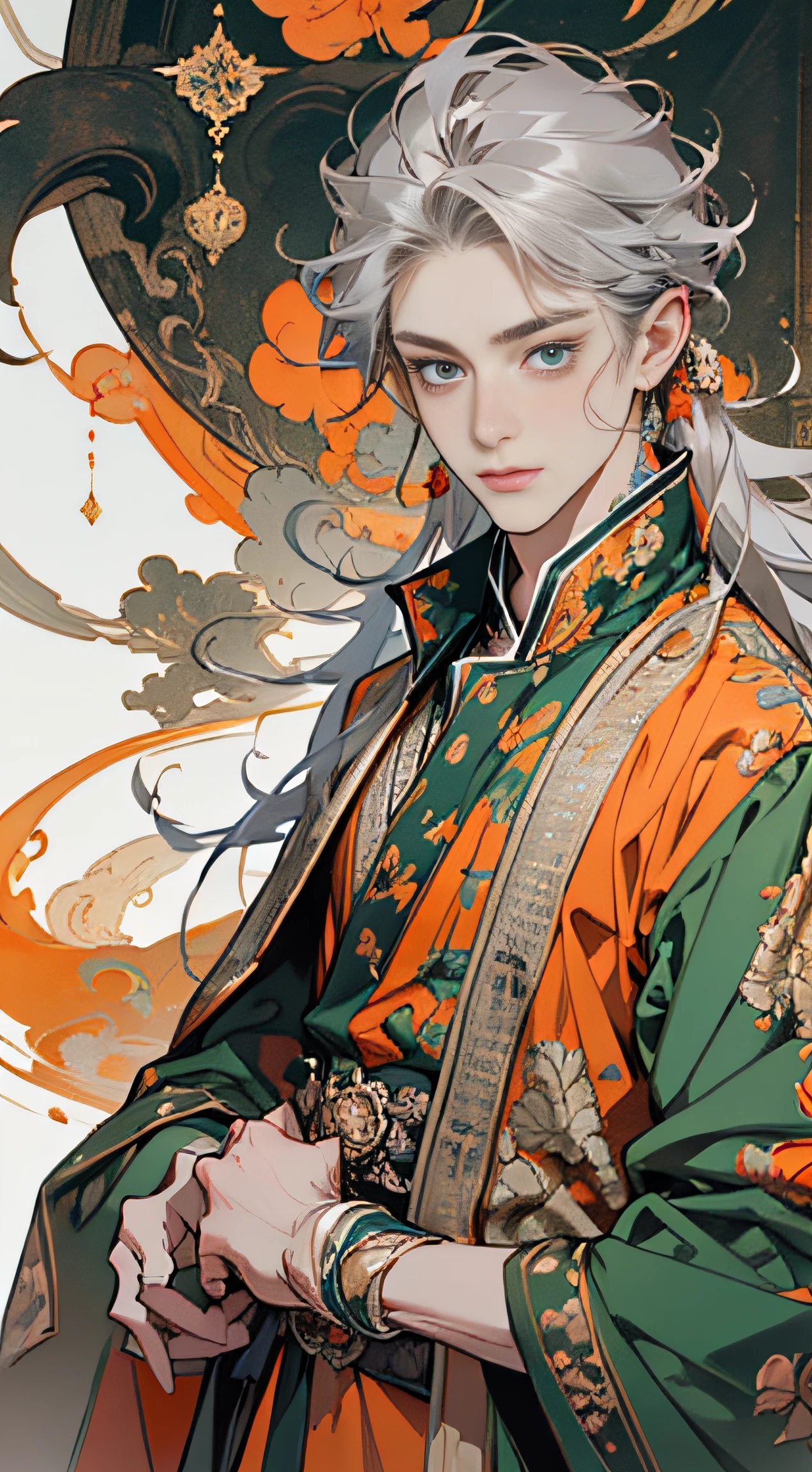 green color:1.5,Orange:1.1,white colors:1.3,amarelo:1.3,（Handsome boy, Long flowing silver hair), Fashionable clothing, Charming eyes，ellegance，Abstract line and circle background，high qulity，Ultra-clear details，tmasterpiece，Works of masters，winning artwork，8K