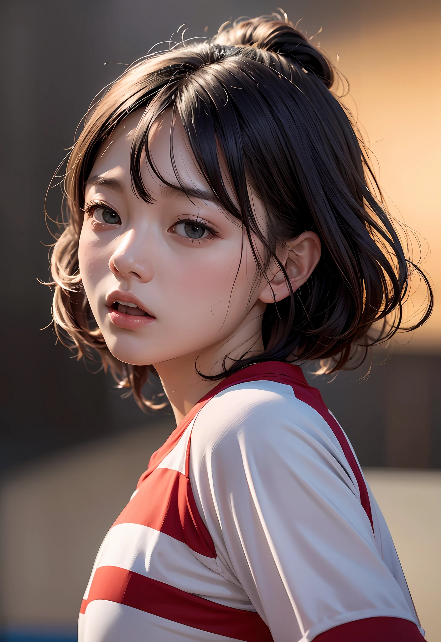 8K、Top image quality、masterpiece、夏天、Playing Soccer、30-years old、(1 adult female)、In the fields、(Facial expressions that enjoy with all their might)、Cinematic lighting、Expressing the speed and dynamism of soccer、headline、Sweat dripping、Wearing red and black vertical stripes