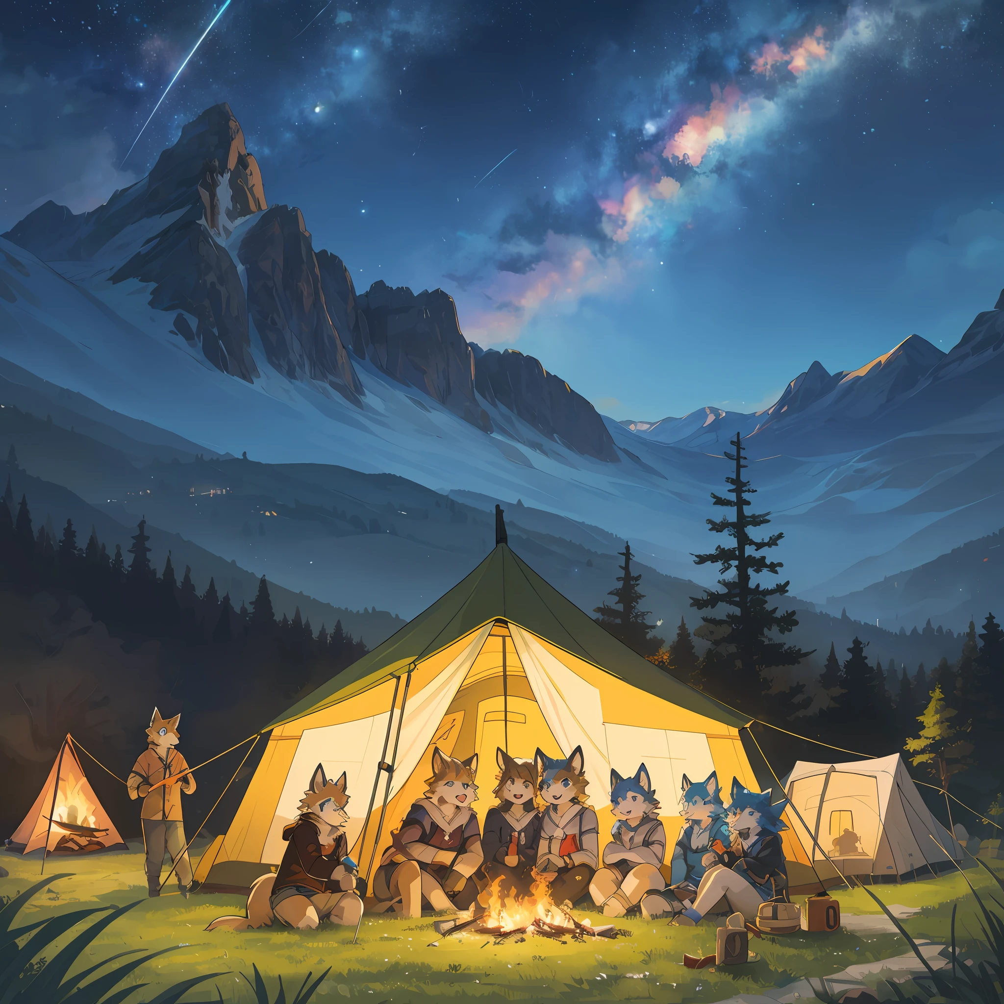 top quality, best quality, High-quality illustrations, masterpiece, super high resolution, detailed background, detailed background, Campsite in the mountains, group shot, 6+boys, 6+girls, camp-fire, night sky, absurdres(highly detailed beautiful face and eyes)perfect anatomy(Photo of family trip)(kemono, furry anthro)selfie,