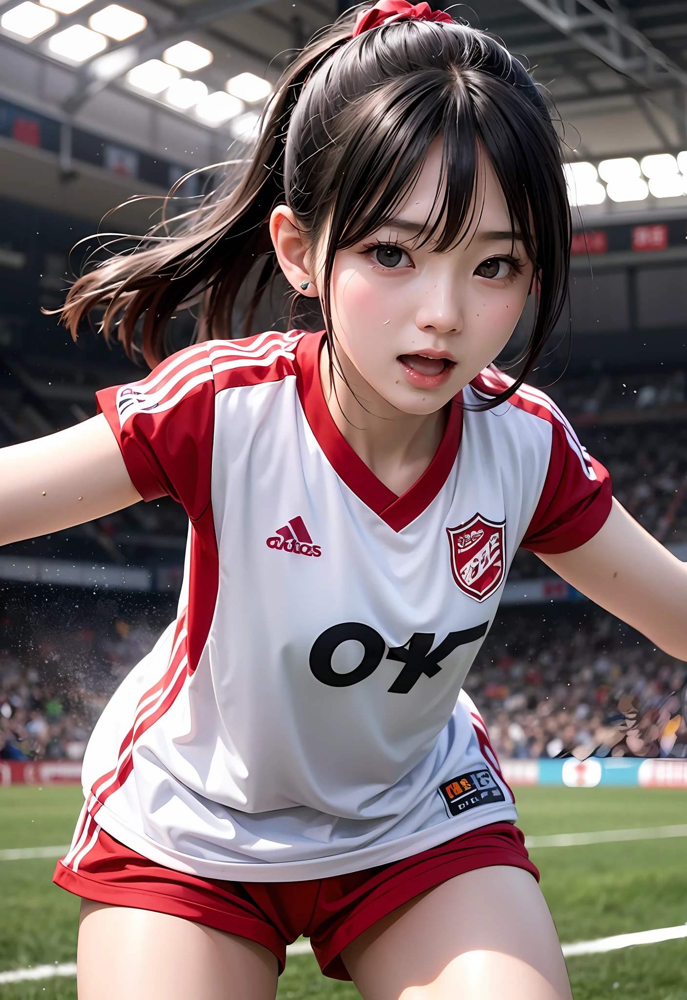 8K、Top image quality、masterpiece、夏天、Playing Soccer、30-years old、(1 adult female)、In the fields、(Facial expressions that enjoy with all their might)、Cinematic lighting、Expressing the speed and dynamism of soccer、headline、Sweat dripping、Wearing red and black vertical stripes