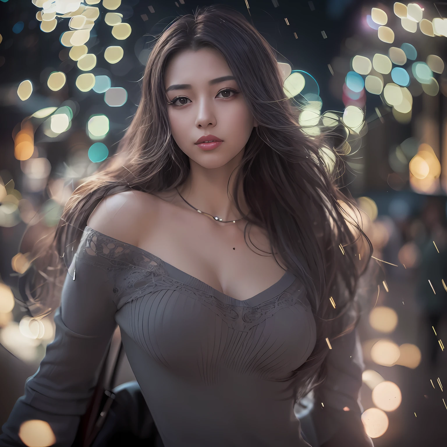 Top Quality, Photorealistic, 8K, High Definition, 1 Girl, Woman, (Skindentation), (Big Breasts), (Professional Lighting, Bokeh), (Street), (People, Crowd: 0.6), Market, (Night: 1.2), (Gray: 2.0), (Blouse: 1.5), (Portate: 0.6), Gorgeous, Bloom, (Floating Hair), (Light particles, Lens Flare, Luminous Particles: 0.6), ( Dynamic Pose: 1.2), soft lighting,