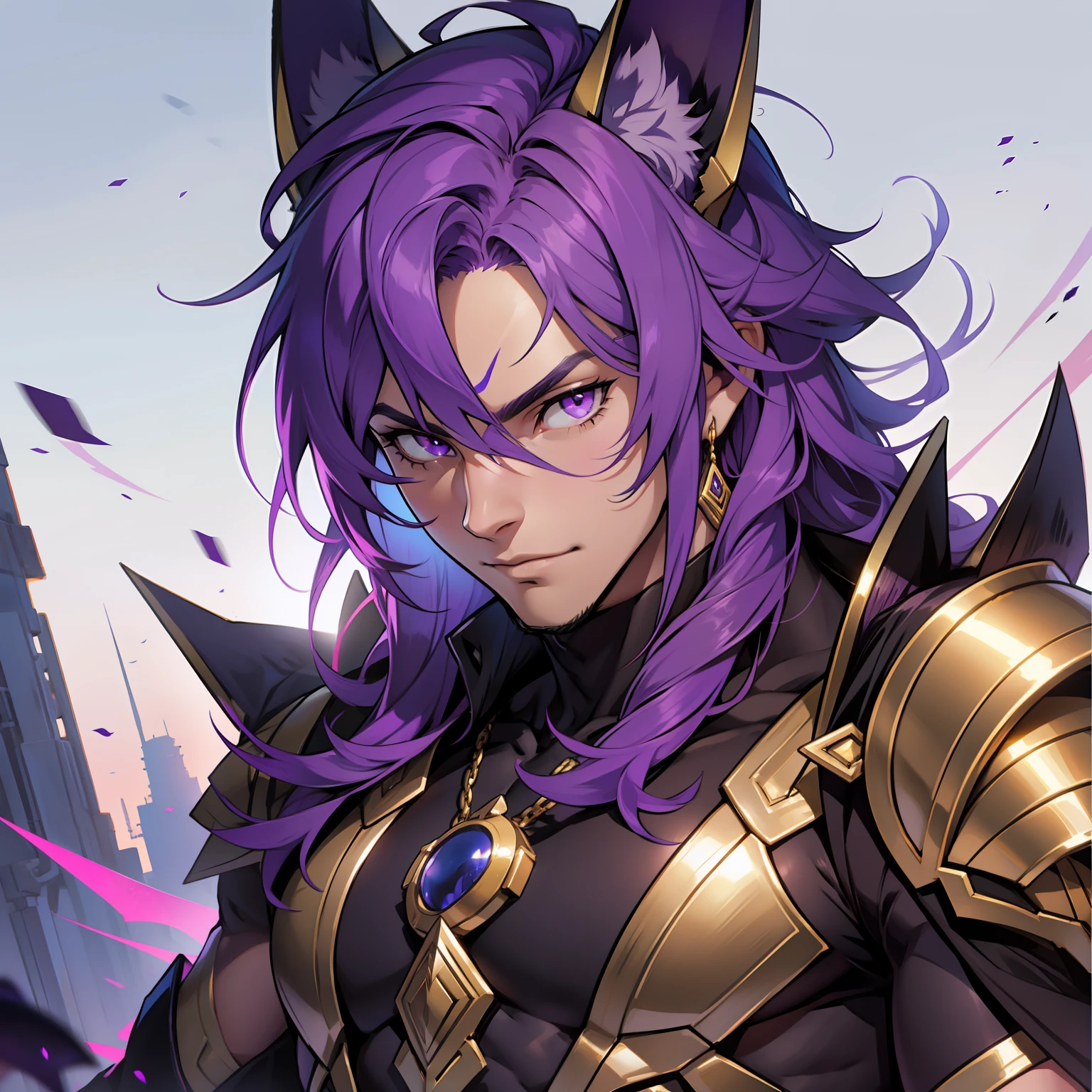 Anubis human form, handsome male, purple hair, purple eyes, bara