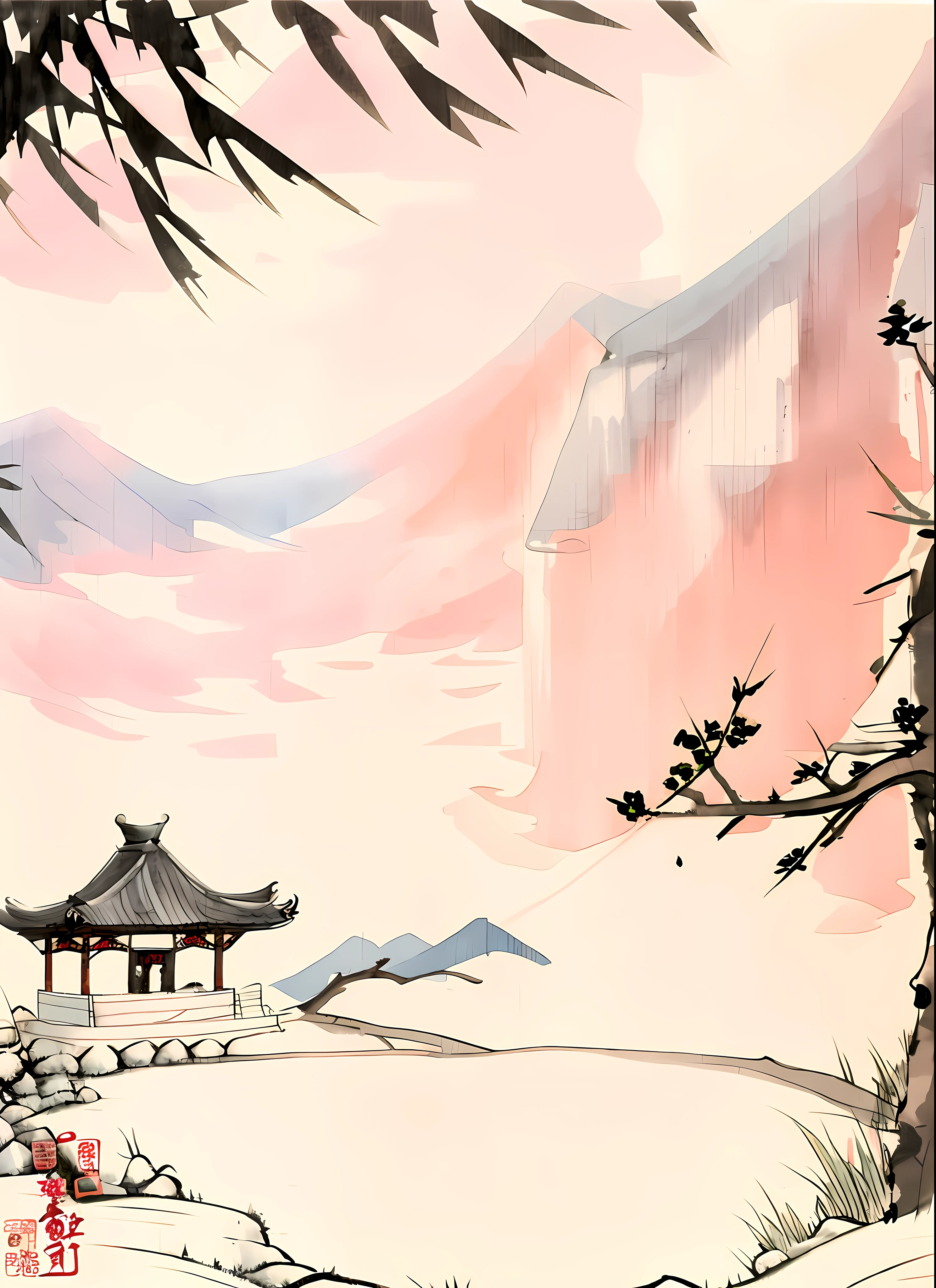 Painting of Chinese-style architecture with hot springs and birds, Chinese watercolor style, fairy tale style background, Chinese style painting, background-image, Detailed scenery —width 672, background artwork, snow landscape background, blurry and dreamy illustration, Chinese painting style, blurry and dreamy illustration, Inscribed：Luyuan Drama Society, soft light of winter, arte de fundo, Ancient Girl in Hot Spring Bubble Clothes First Place