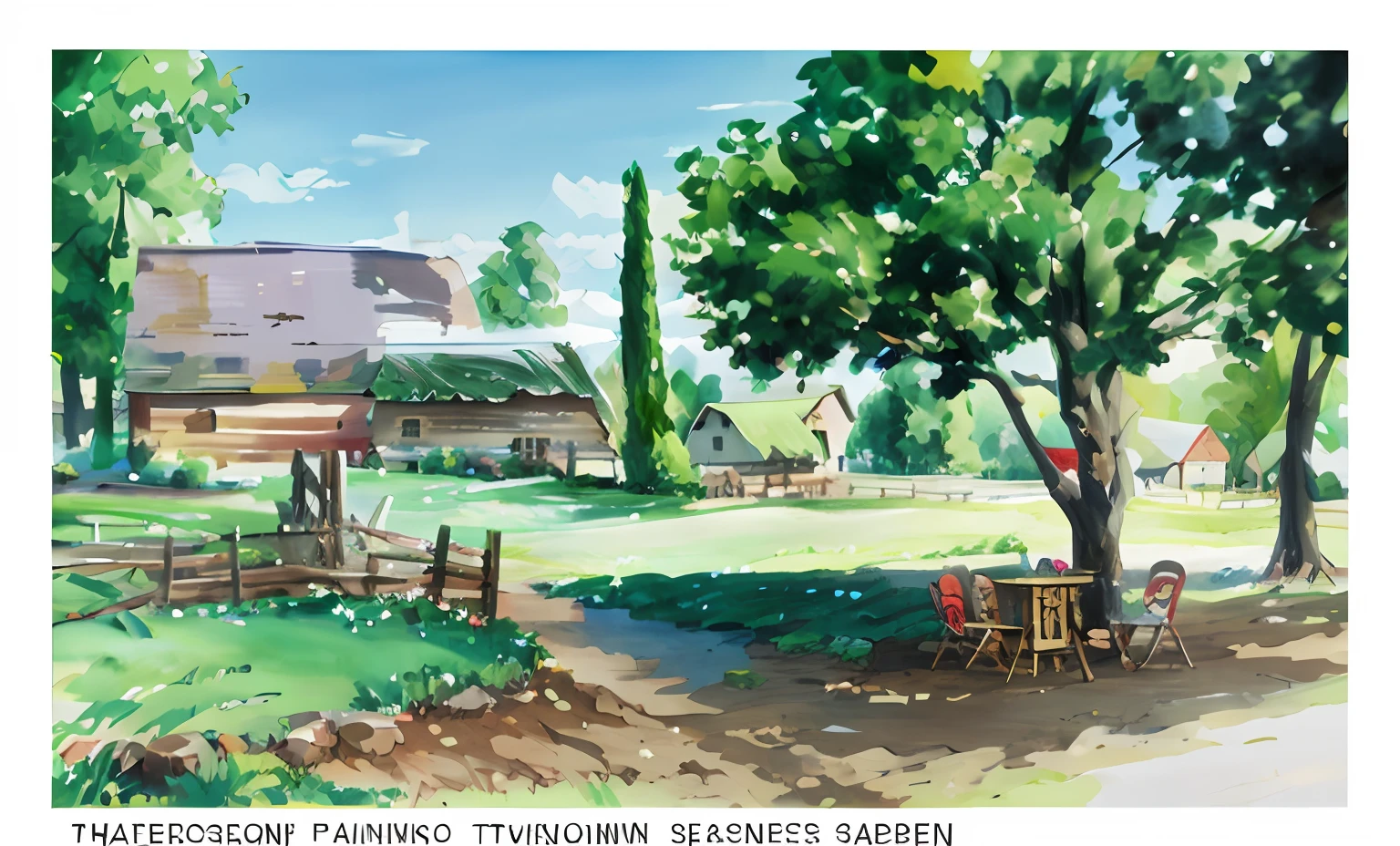 painting of a farm with a tractor and a barn in the background, chairs and table are under the tree, dital painting