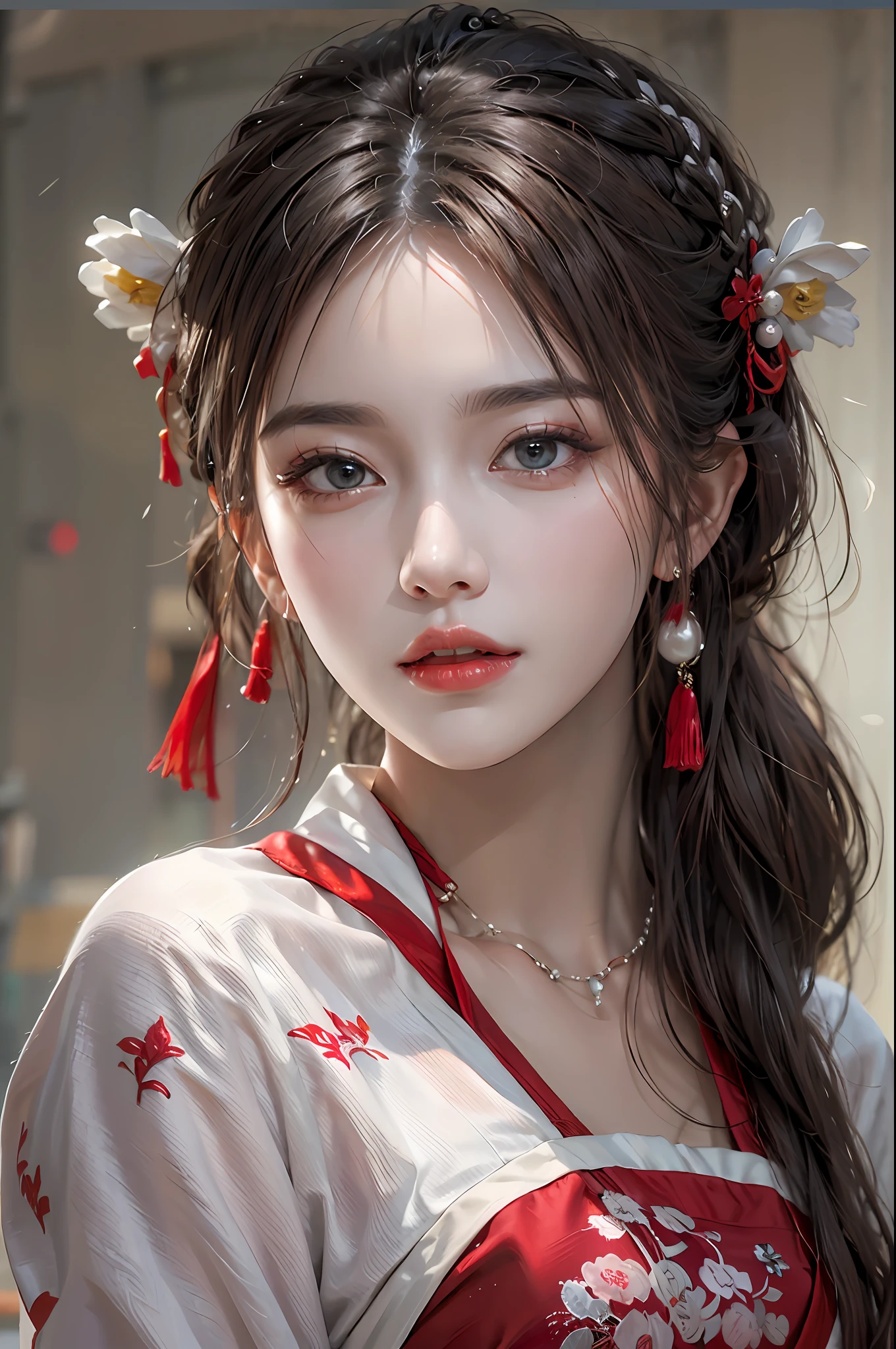 photorealistic, high resolution, 1 women, solo, hips up, beautiful eyes, long hair, red wedding hanfu, red dot on forehead chinese, gorgeous accessories, wearing pearl earrings
