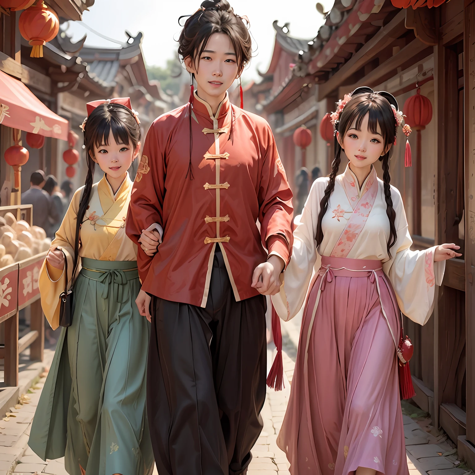 1 Mom，1 Dad，2 girls，take hand，run，gleeful，China-style，Hanfu，UE5，bazaars，Decorations