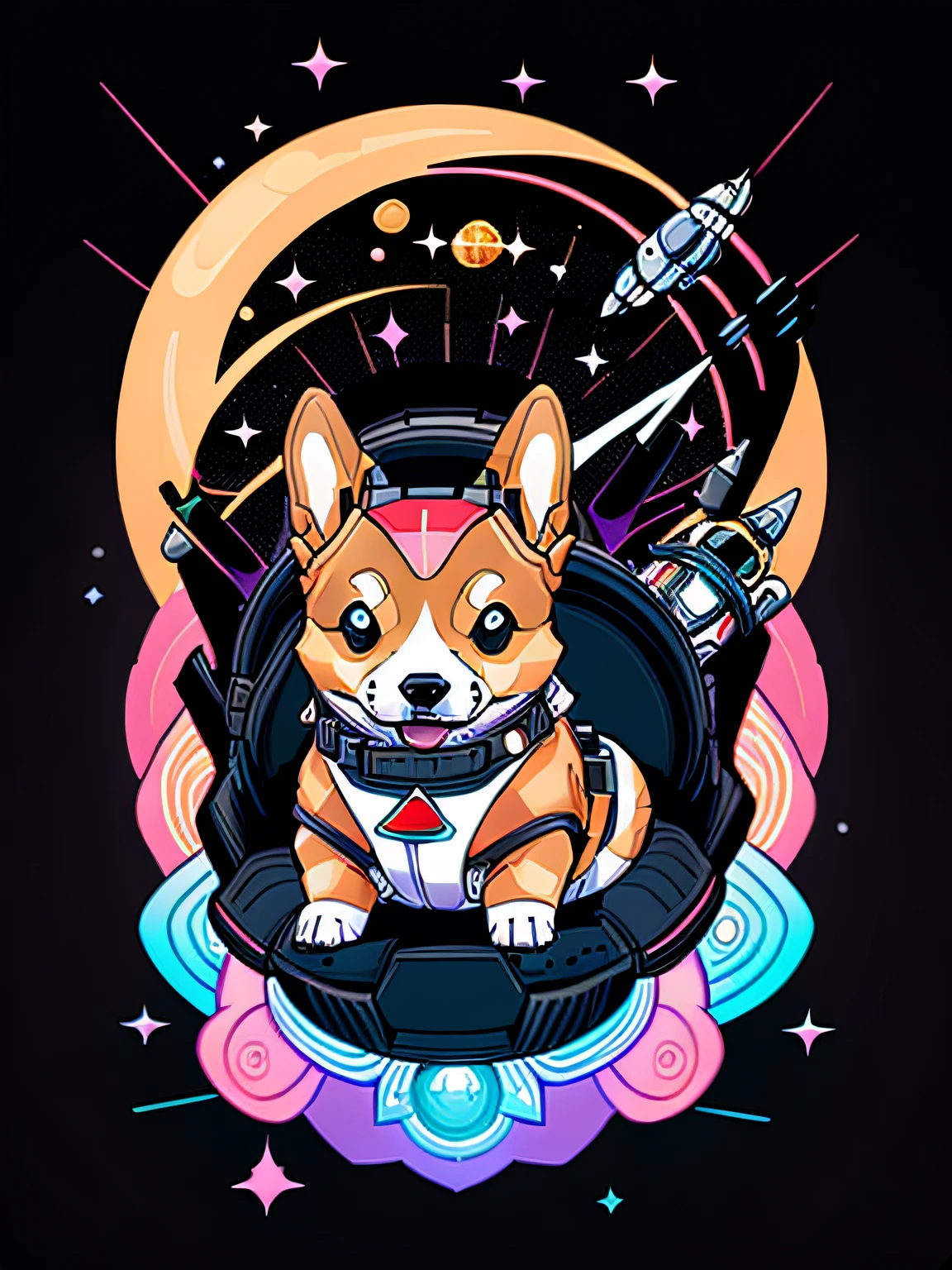 Vector-art of a (corgi wearing an astronaut suit: 1.3) in outer space. The corgi should have a cute and endearing expression, showing its excitement for the cosmic adventure. The astronaut suit can be adorned with space-themed patches (and a helmet: 1.1) with a reflective visor. Surround the corgi with floating stars, planets, and colorful nebulae over a black background to convey the vastness and beauty of outer space. Use bold and vibrant colors to make the illustration visually appealing and cheerful