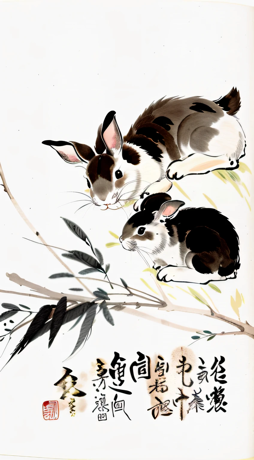 On the branches sat two rabbits, chinese brush pen illustration, Traditional Chinese painting, Traditional Chinese Ink Painting, sumi - e art, Rabbits, China ink painting, author:Cui Bai, Chinese ink painting, Chinese painting style, sumi ink style,