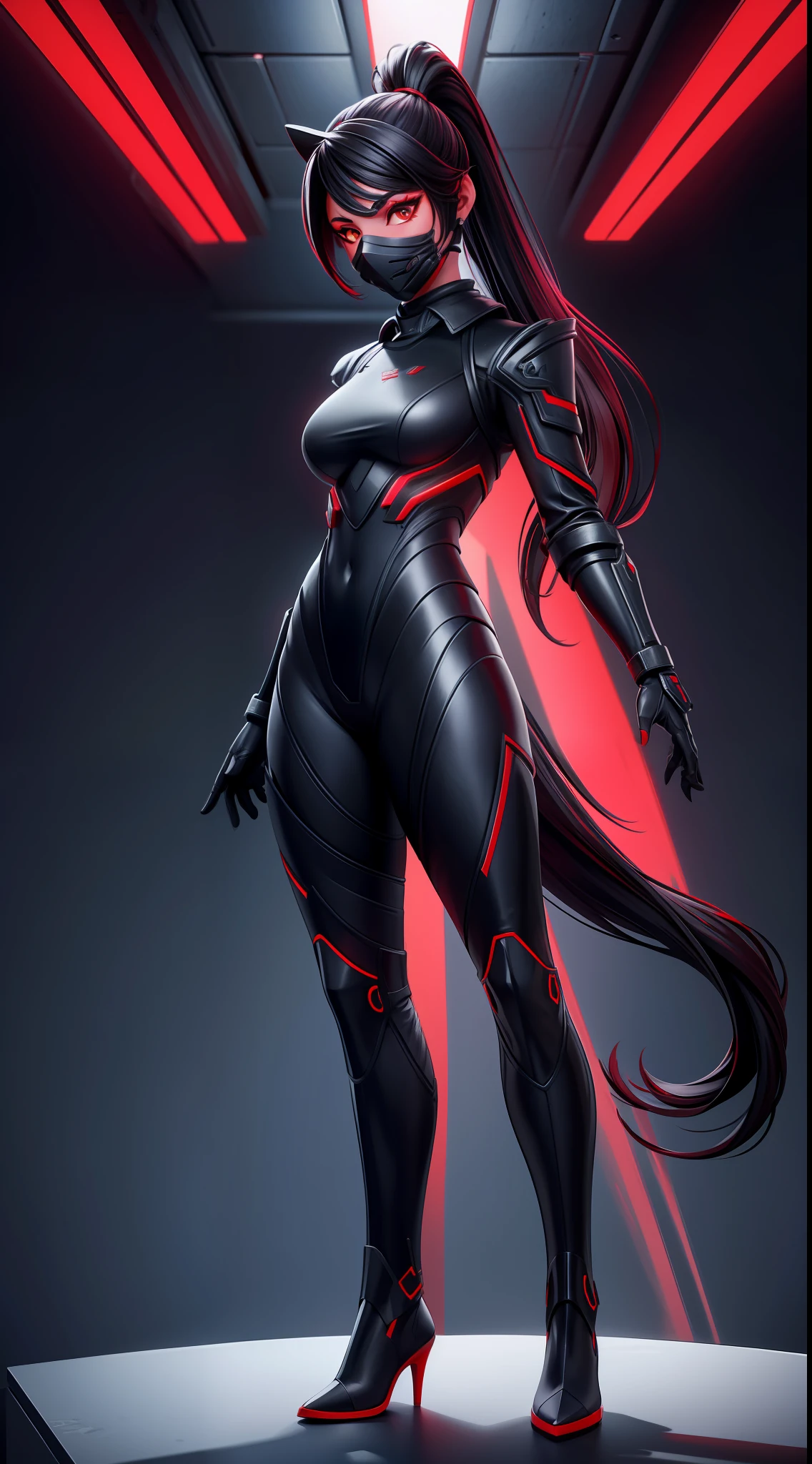 solo, super fine photo, full body picture Unreal Engine 5 8K UHD of beautiful girl, red pony tail hair, wearing futuristic black tight battle suit, half face mask, futuristic neck collar, red light details, dark makeup, best quality, masterpiece, unified 8k wallpaper, super detailed, sharp focus, dynamic pose