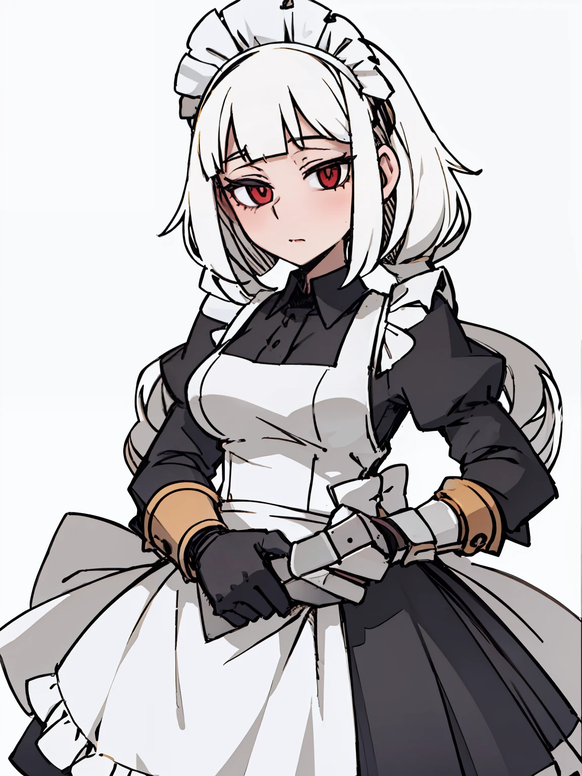 A girl frontal,CRIT,(,(A half body),(Long curly white hair),(the maid outfit)),Young, White background
