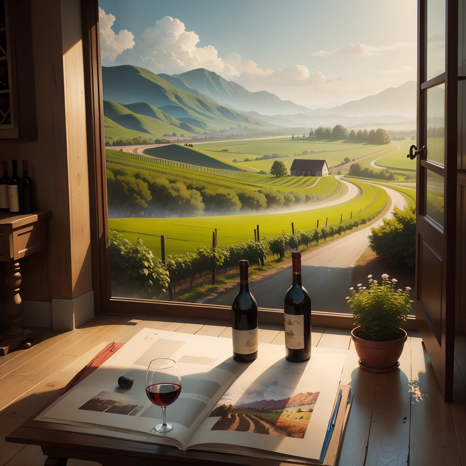 Landscape painting wine bottle