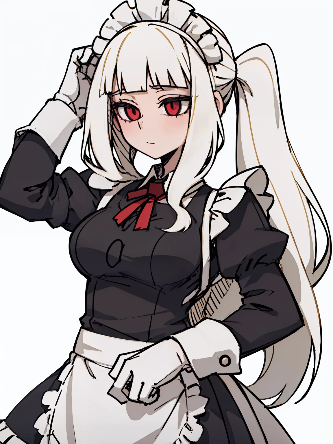 A girl frontal,CRIT,(,(A half body),(Long curly white hair),(the maid outfit)),Young, White background