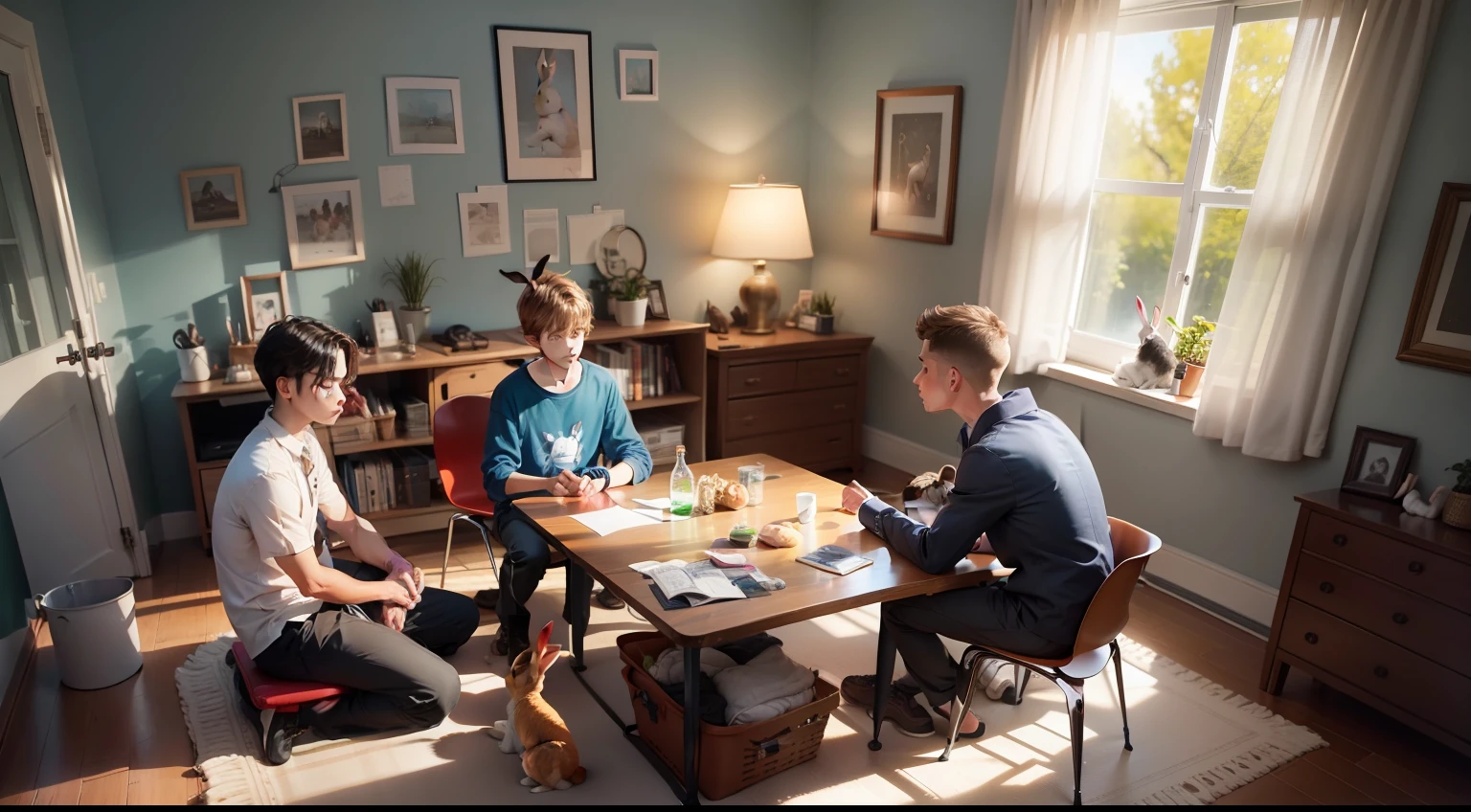 Three boys, packing bags, and a rabbit sitting near them, in a room.