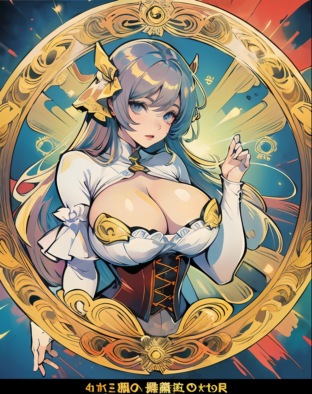 Portrait of the face of a mature woman , long whitr hair,Plump body,crisp breasts,鎖骨,huge tit,gigantic cleavage breasts,cleavage,Huge breast,white colors,Gold picture frame edge, Floral frame, Decorative panels, abstracted,waistup,Corset,photorealestic,Artistically,An Alphonse Mucha's
(tmasterpiece,best qualtiy,A high resolution:1.4),the detail,complexdetails,4K,colored splashing,Line art,Fibonacci,