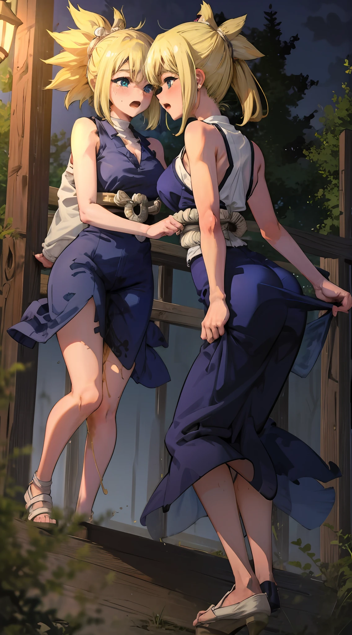 Two women having fun in the forest at night、obscenity:1,2、Metamorphosis:1,2、Lesbian Mika:1,2、Grabbing each other's buttocks、the kiss、 kohaku、Sleeveless dress, cleavage, kohaku, blondehair, Blue eyes, Small breasts, wide hips, red blush、is crying、お漏らし、tre anatomically correct