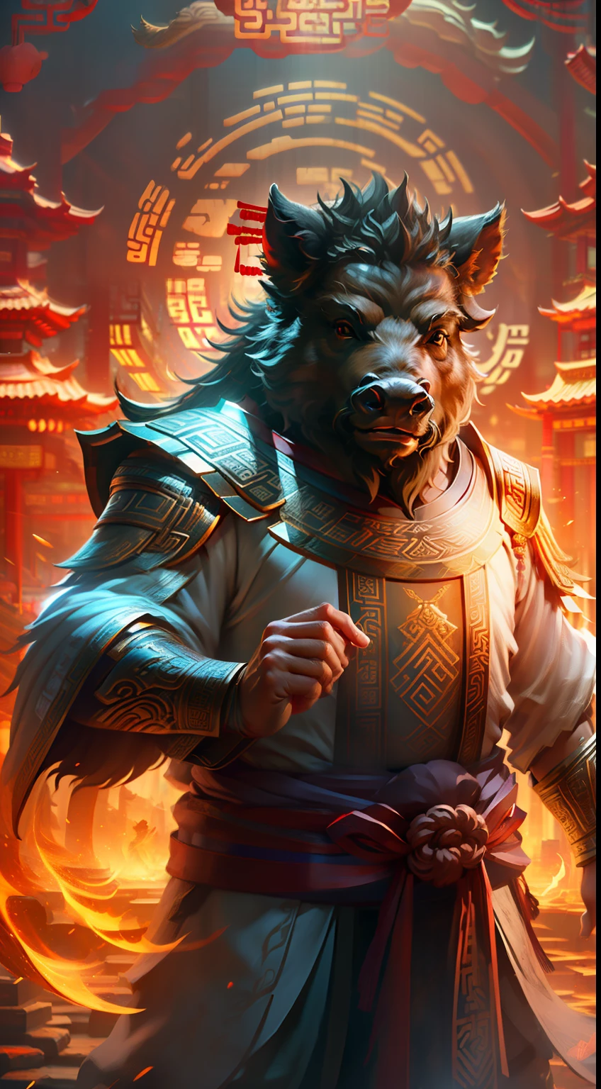 (Wild boar, an ancient Chinese god+Chinese mythology+Full of life), Ultra-realistic 3D rendering, (masterpiece+best quality+high-detail), Marvel at the posture,A true representation of the award-winning level of photography+Reproduction of the best visual effects, perfect shot, Get eye-catching movie posters! Clear focus, Depth of field。